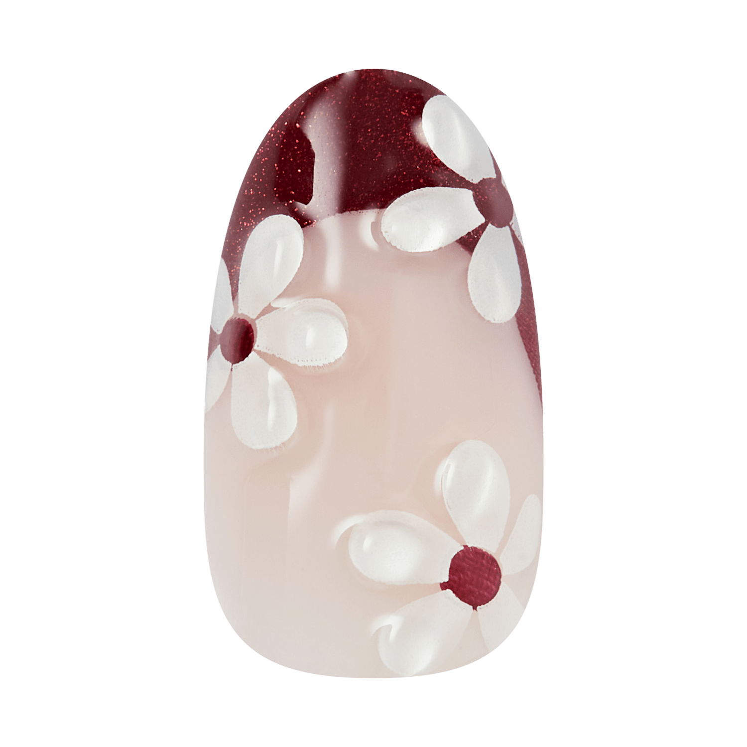 Burgundy and nude nail design with white daisies and dark red centers
