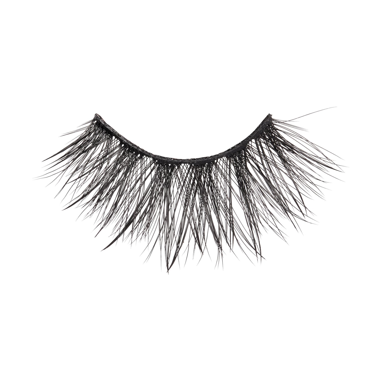 Single black false eyelash with varying lengths in a wispy, spiky style, displayed against a white background.