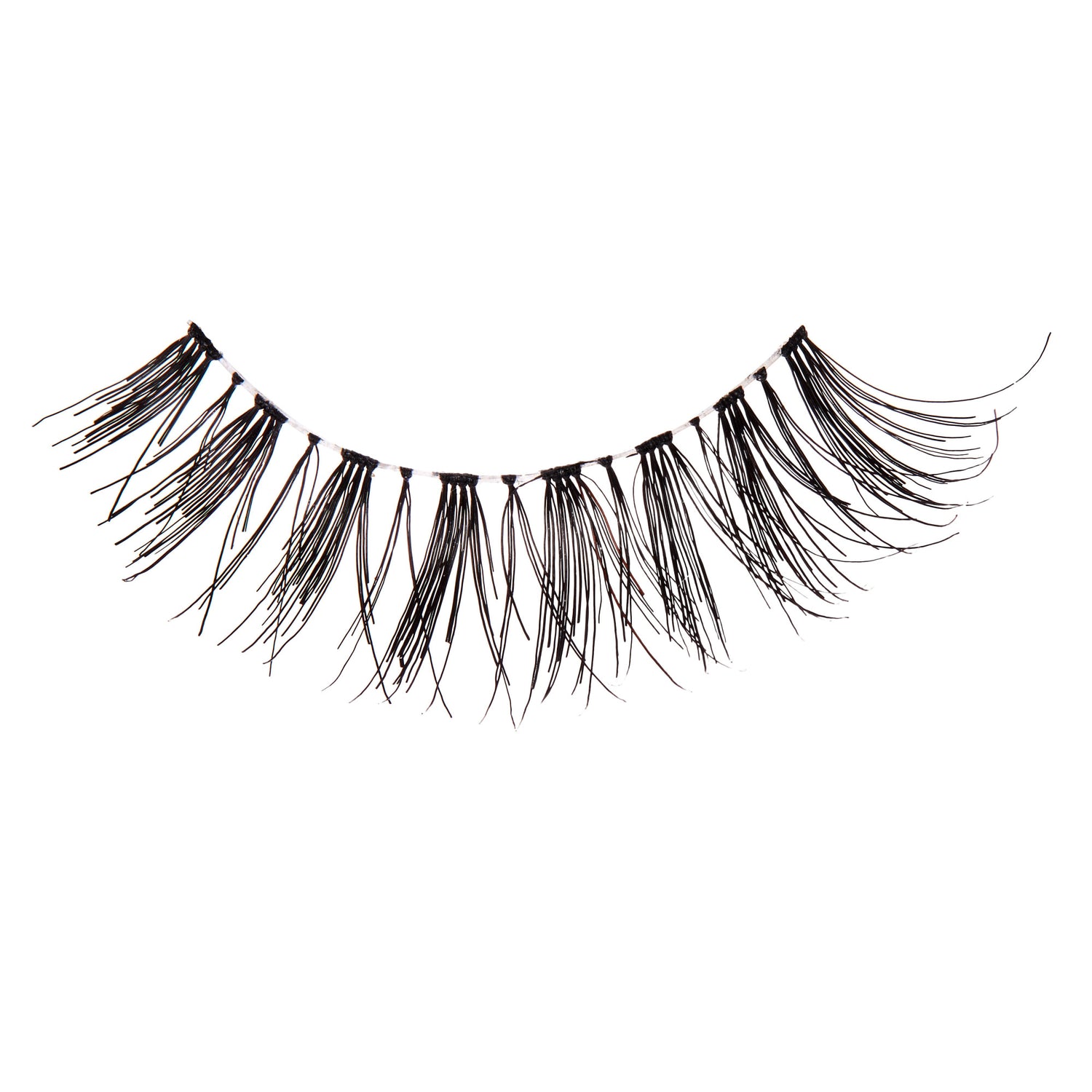 Single black false eyelash with a wispy, spaced-out design, thin and unevenly clustered strands on a clear band, shown against a white background.