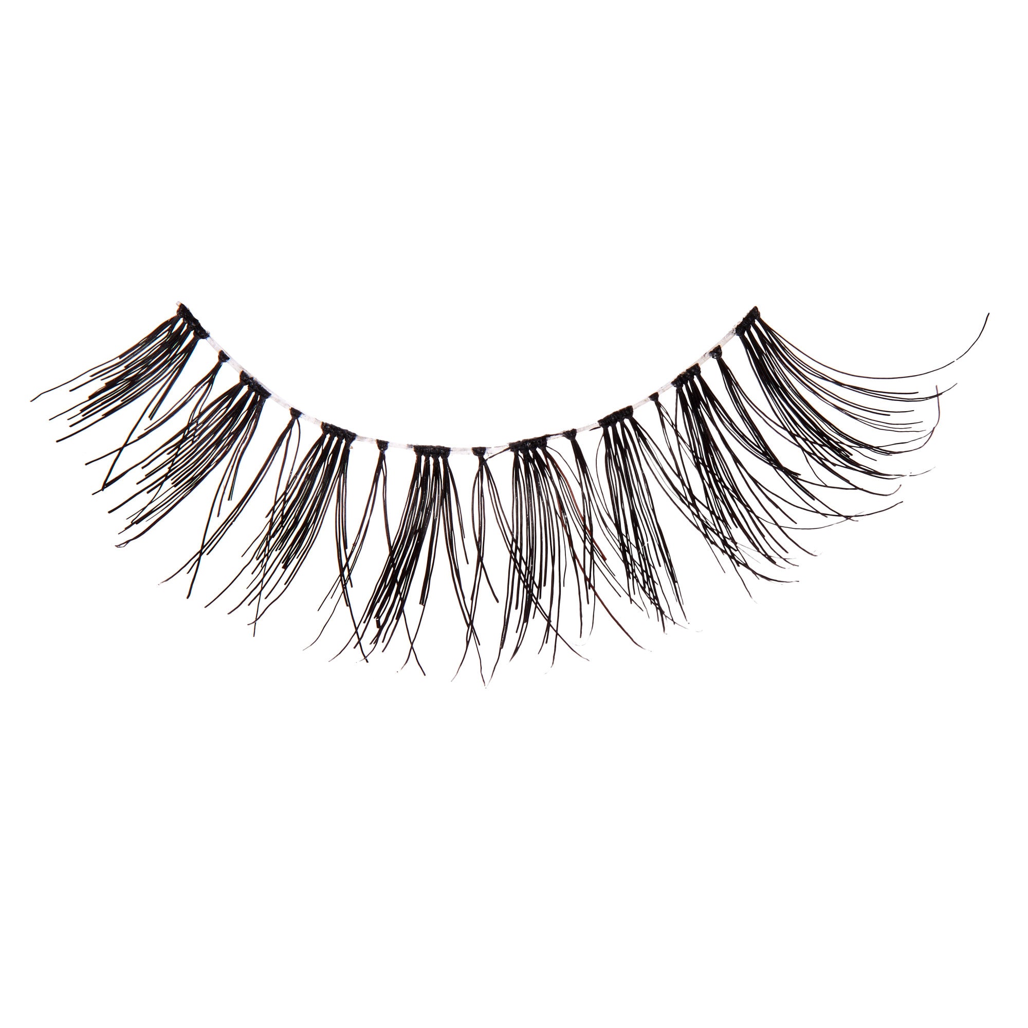 Single black false eyelash with a wispy, spaced-out design, thin and unevenly clustered strands on a clear band, shown against a white background.