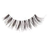 Single black false eyelash with a wispy, spaced-out design, thin and unevenly clustered strands on a clear band, shown against a white background.