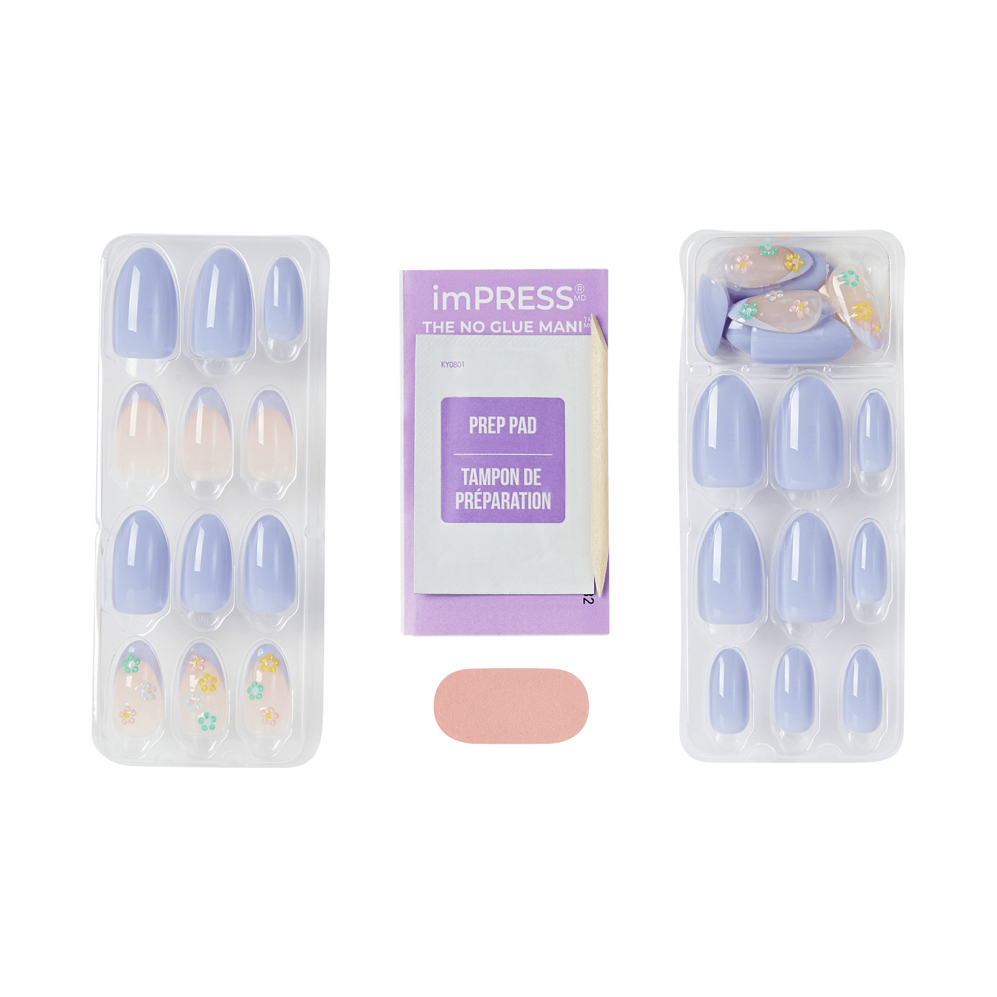 imPRESS press-on nails set with prep pad and application accessories in blue and nude shades.