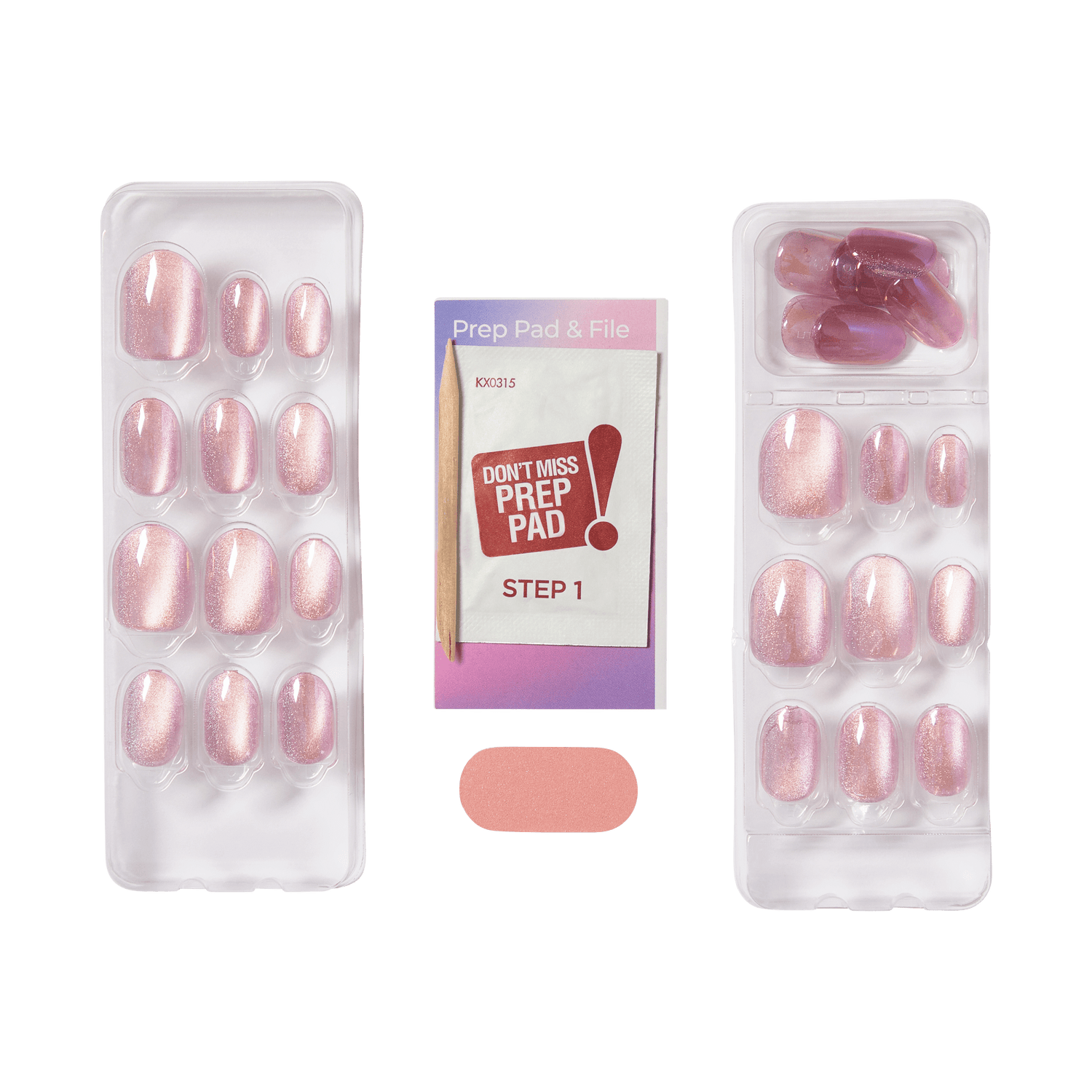 The image features a set of artificial nails displayed in a clear plastic case. The nails have a soft pink hue with a shimmering finish. There are two trays: one contains various sizes of the artificial nails, while the other has a few additional pieces. In the center, there is a small booklet labeled "Prep Pad &amp; File" with instructions, along with a wooden stick for application. A small pink pad is also visible, likely used for preparation before applying the nails.