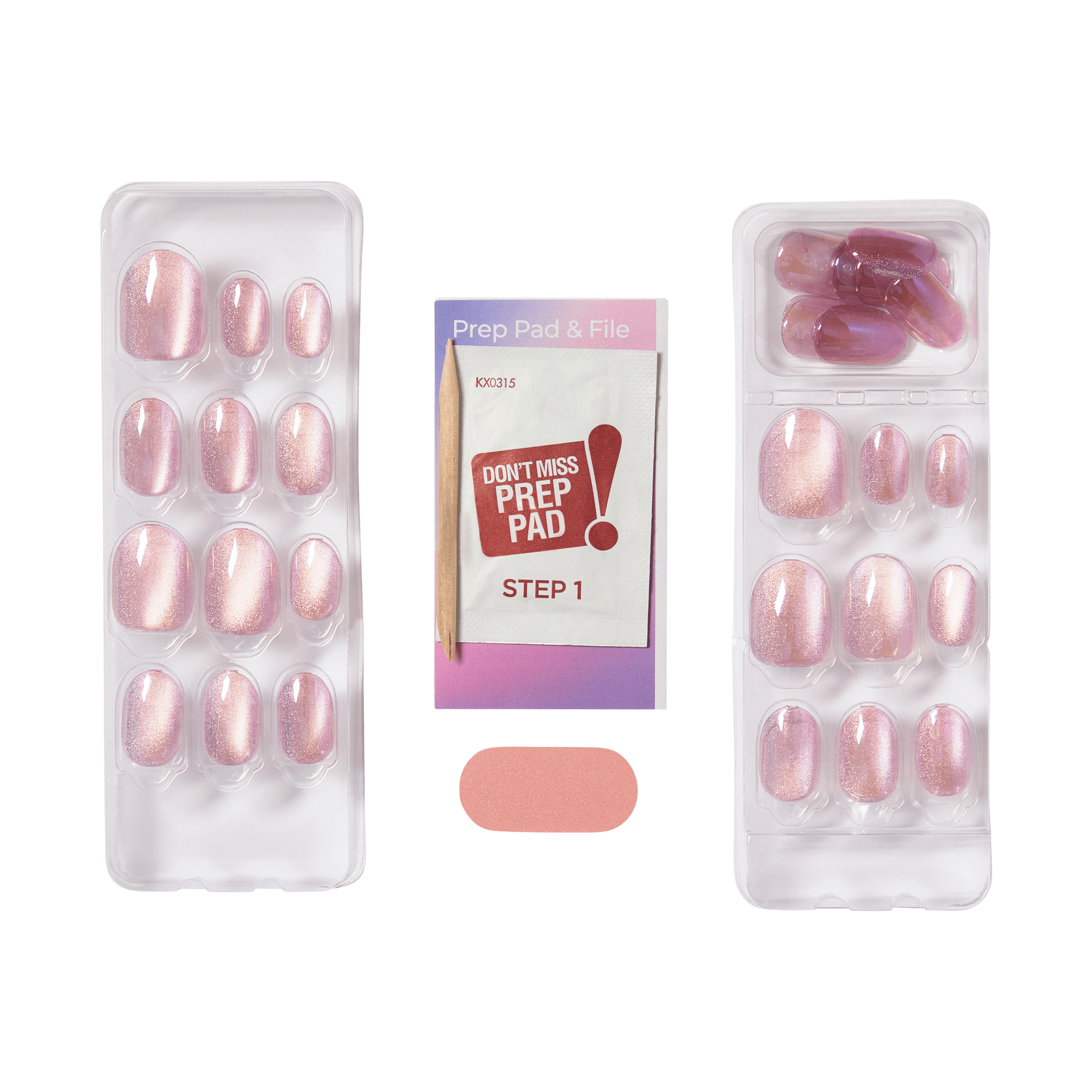 The image features a set of artificial nails displayed in a clear plastic case. The nails have a soft pink hue with a shimmering finish. There are two trays: one contains various sizes of the artificial nails, while the other has a few additional pieces. In the center, there is a small booklet labeled "Prep Pad &amp; File" with instructions, along with a wooden stick for application. A small pink pad is also visible, likely used for preparation before applying the nails.
