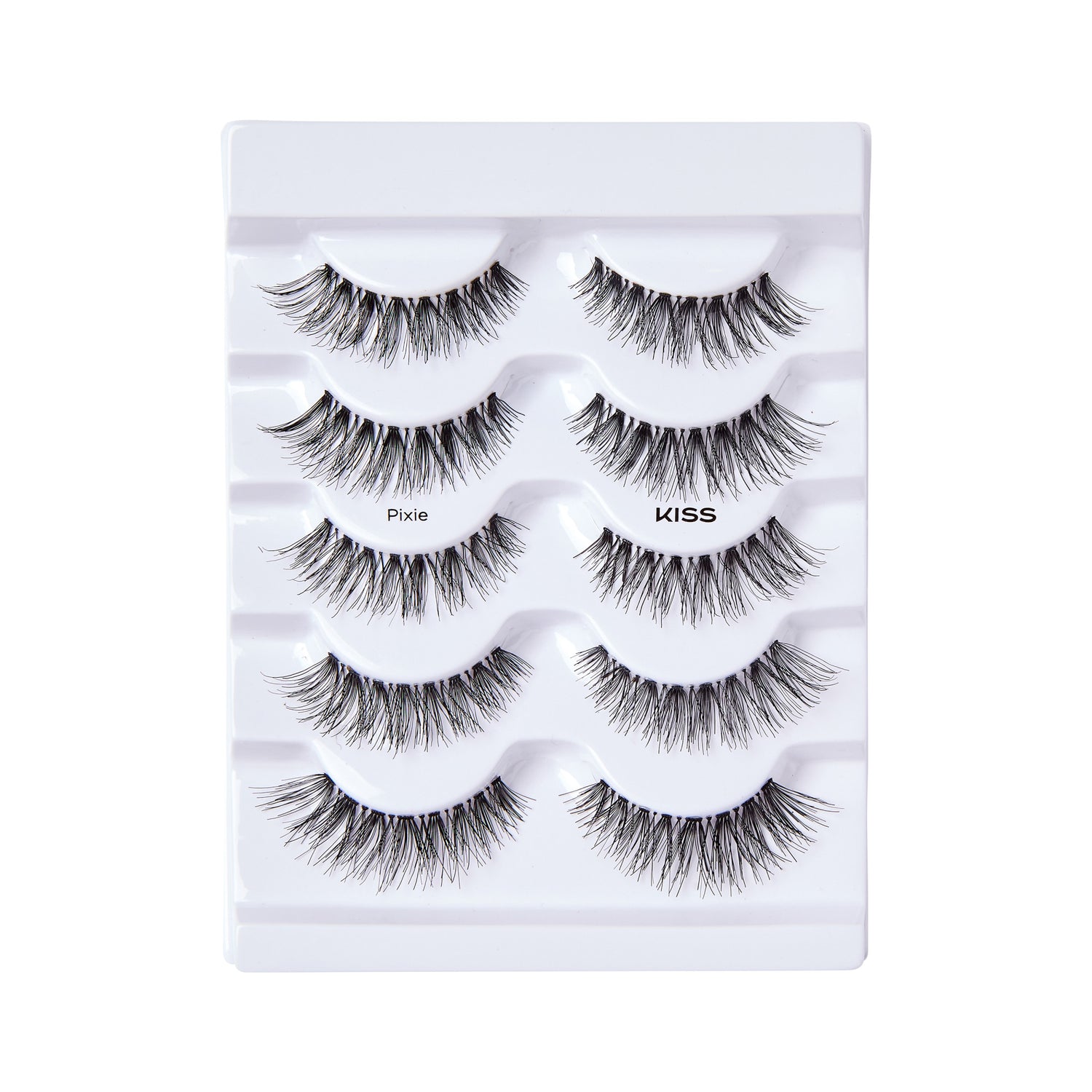 Multipack of five pairs of KISS So Wispy false eyelashes in Pixie style, arranged on white plastic tray with \
