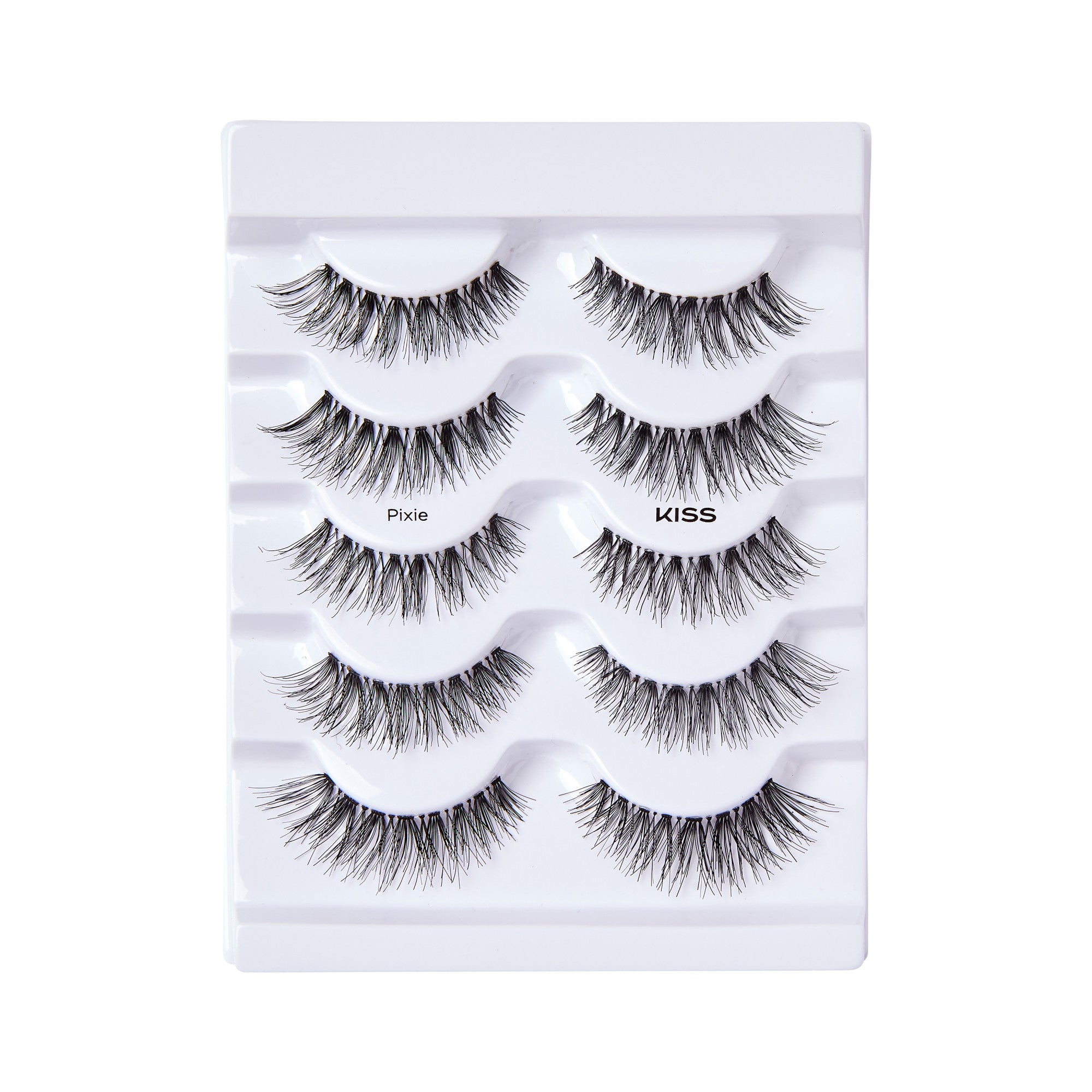 Multipack of five pairs of KISS So Wispy false eyelashes in Pixie style, arranged on white plastic tray with \
