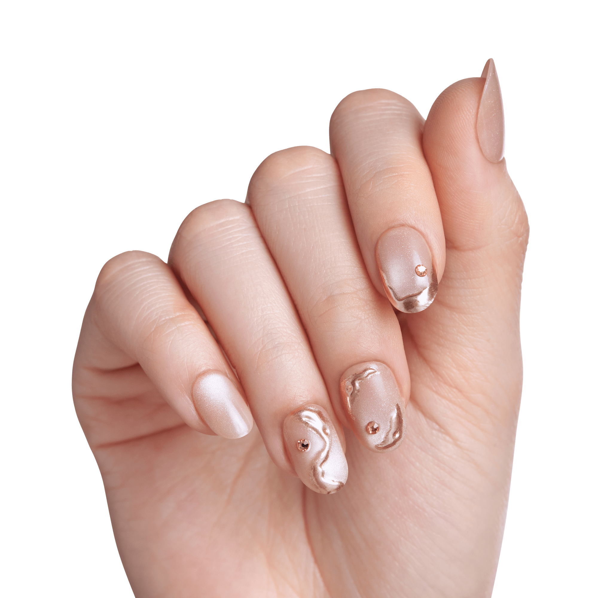 Impress Premium No Glue Fake Press On Nails - Over The Top | Design, Beige, Short, Oval, Manicure