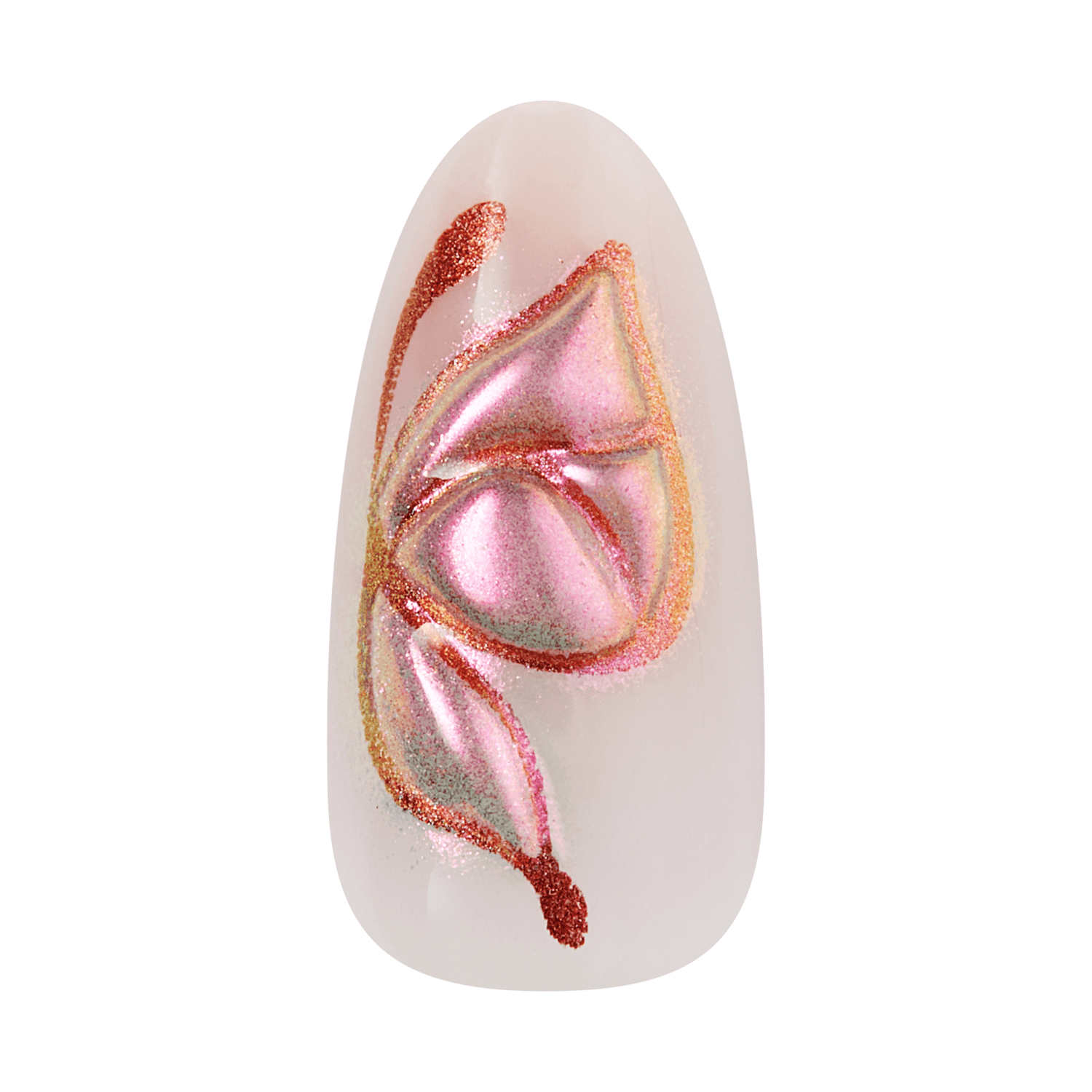 Almond nail with pink and red glitter floral design on nude base.