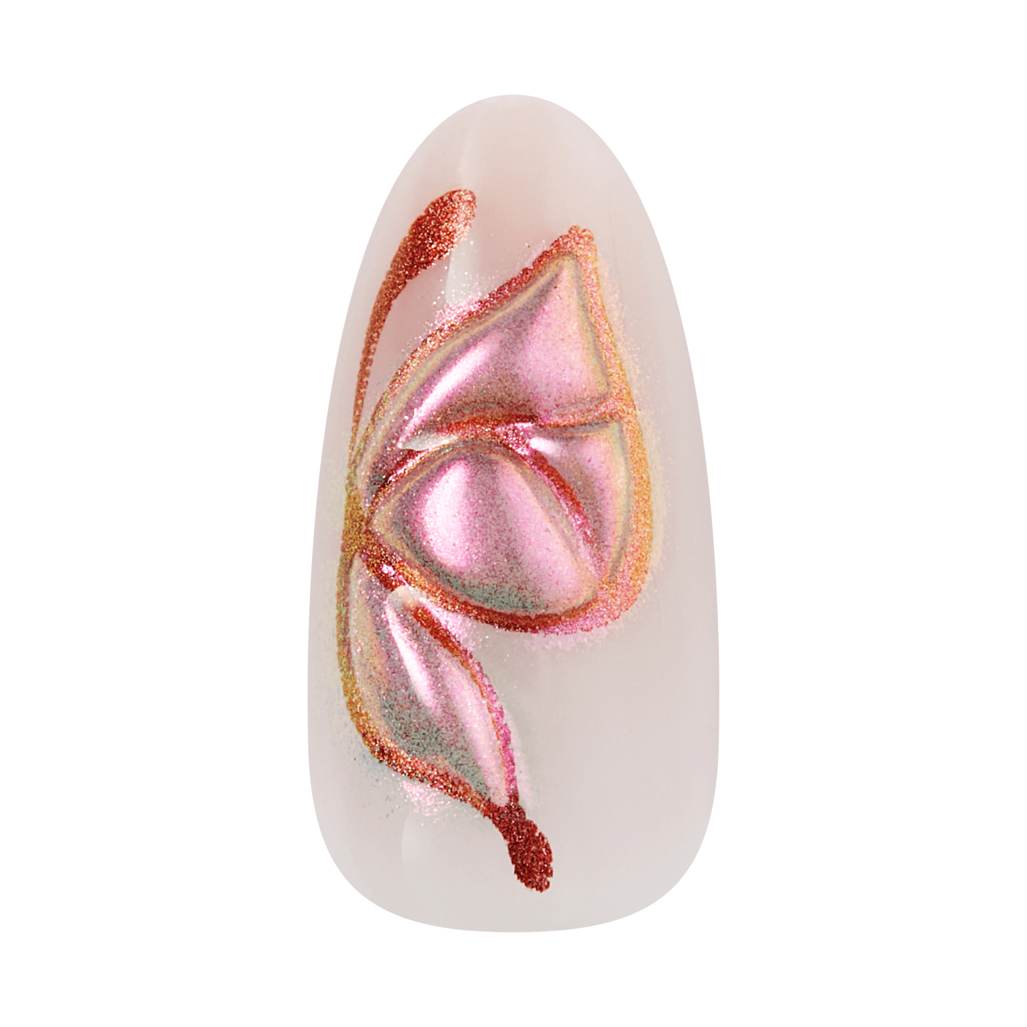 Almond nail with pink and red glitter floral design on nude base.