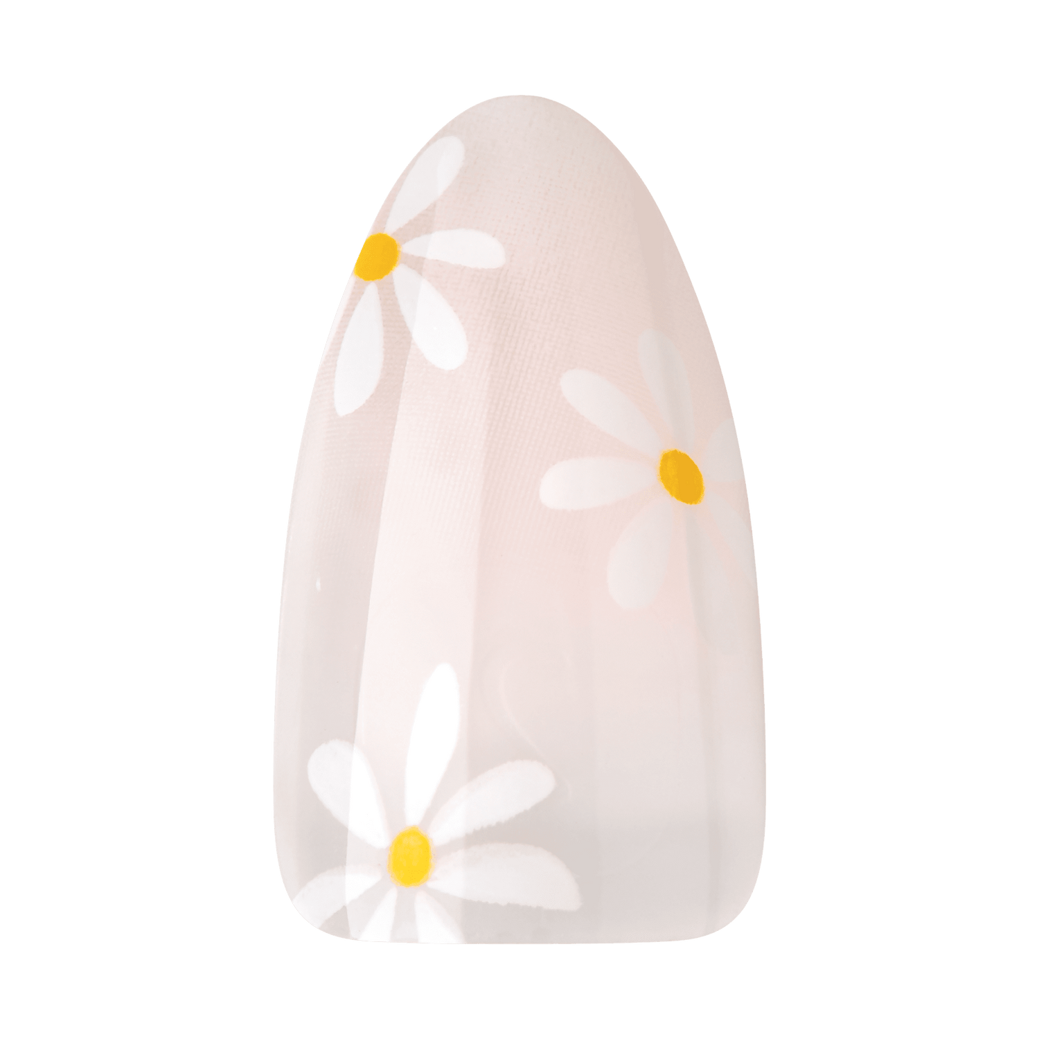 The image shows a single artificial nail with a design. The nail has a light, translucent pink base color. It is decorated with a pattern of white daisies, each with a yellow center. The design is simple and elegant, giving the nail a fresh and spring-like appearance.