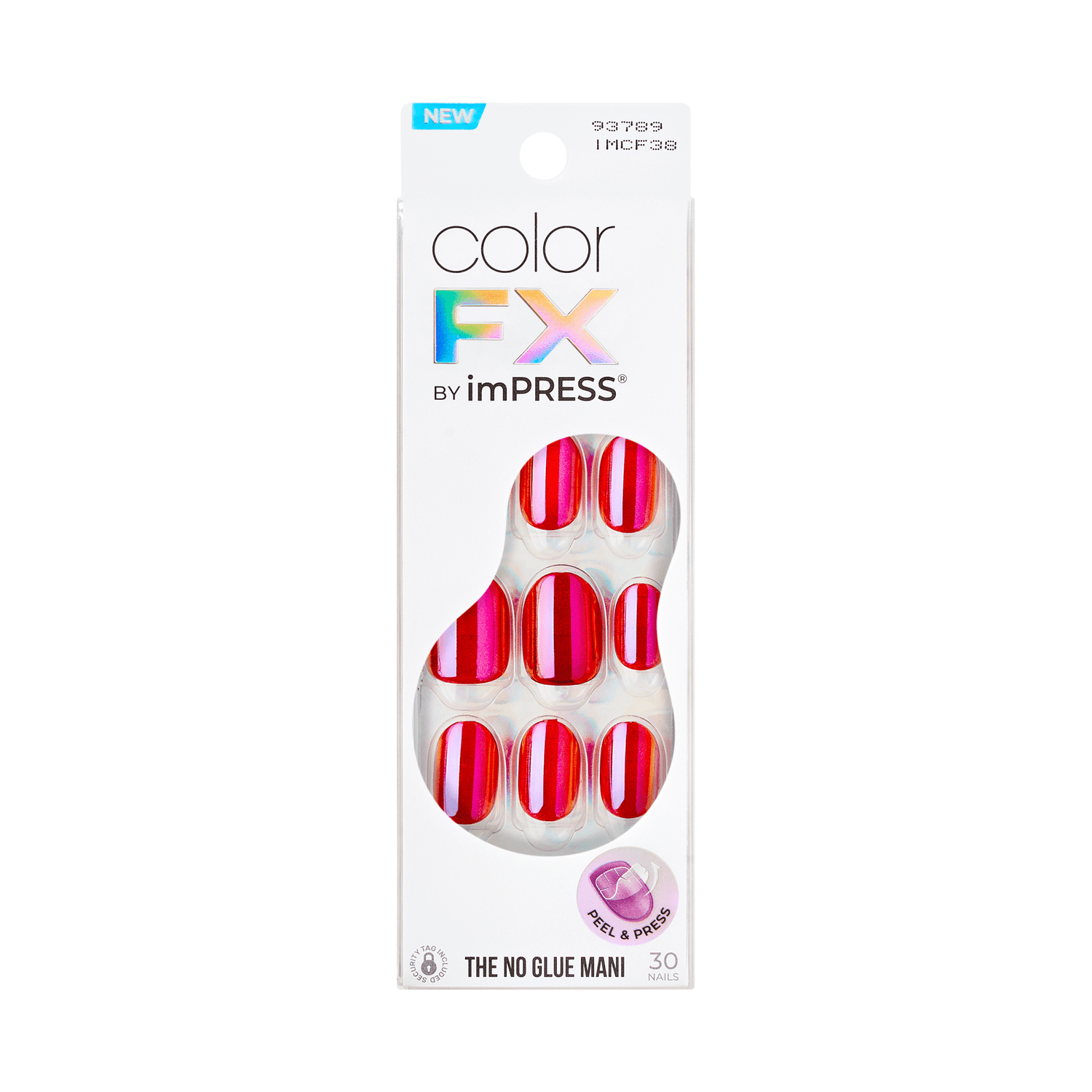 The image features a packaging for "Color FX" by imPRESS, which is a brand of press-on nails. The packaging is sleek and modern, predominantly white with a clear front that showcases the nails inside. The nails are designed with a vibrant red color and feature a striped pattern. The label indicates that this product is new and emphasizes that it is a "no glue mani," suggesting ease of use. The packaging also includes a small logo and product information at the bottom.