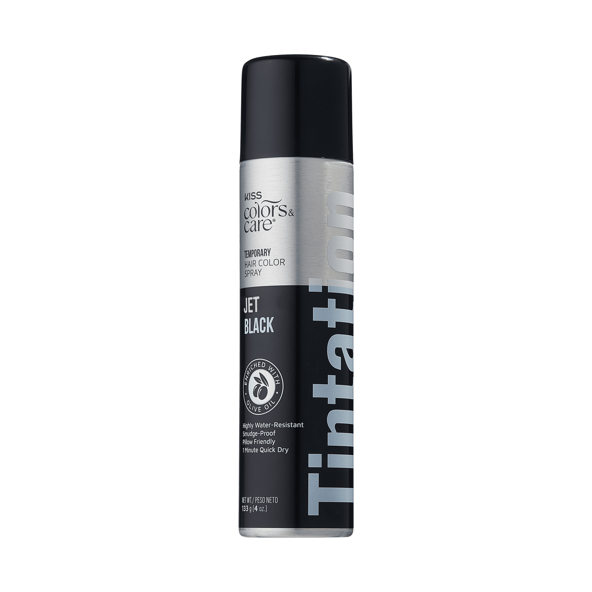 The image features a can of temporary hair color spray from the brand Kiss Colors &amp; Care. The product is labeled "Tintation" and is specifically designed for a "Jet Black" color. The can has a sleek design with a black cap and a silver body, showcasing the brand name and product details prominently. It emphasizes features such as being highly water-resistant and quick-drying, making it suitable for temporary hair coloring.