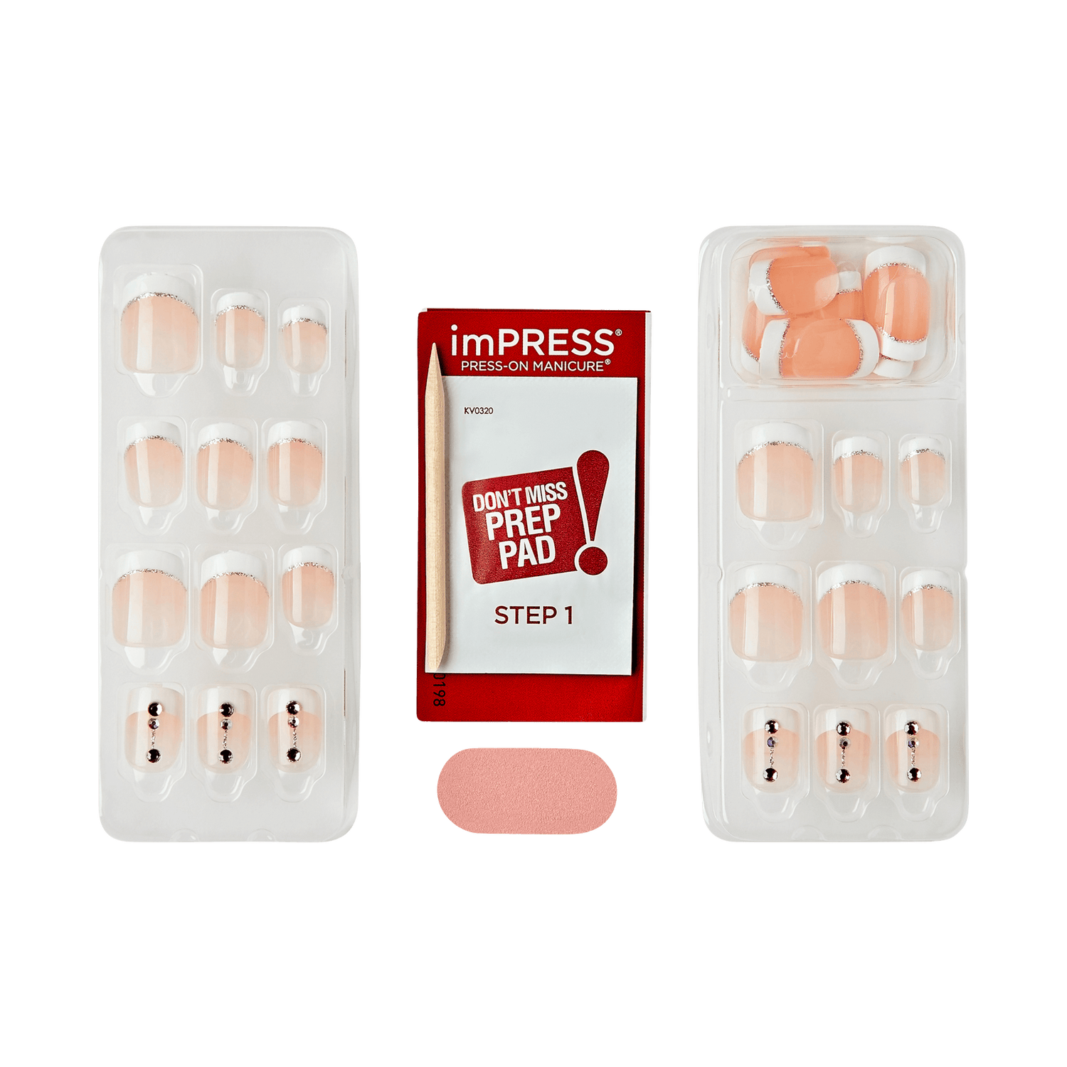imPRESS Press-On Manicure kit with prep pad and nail designs in nude and coral tones