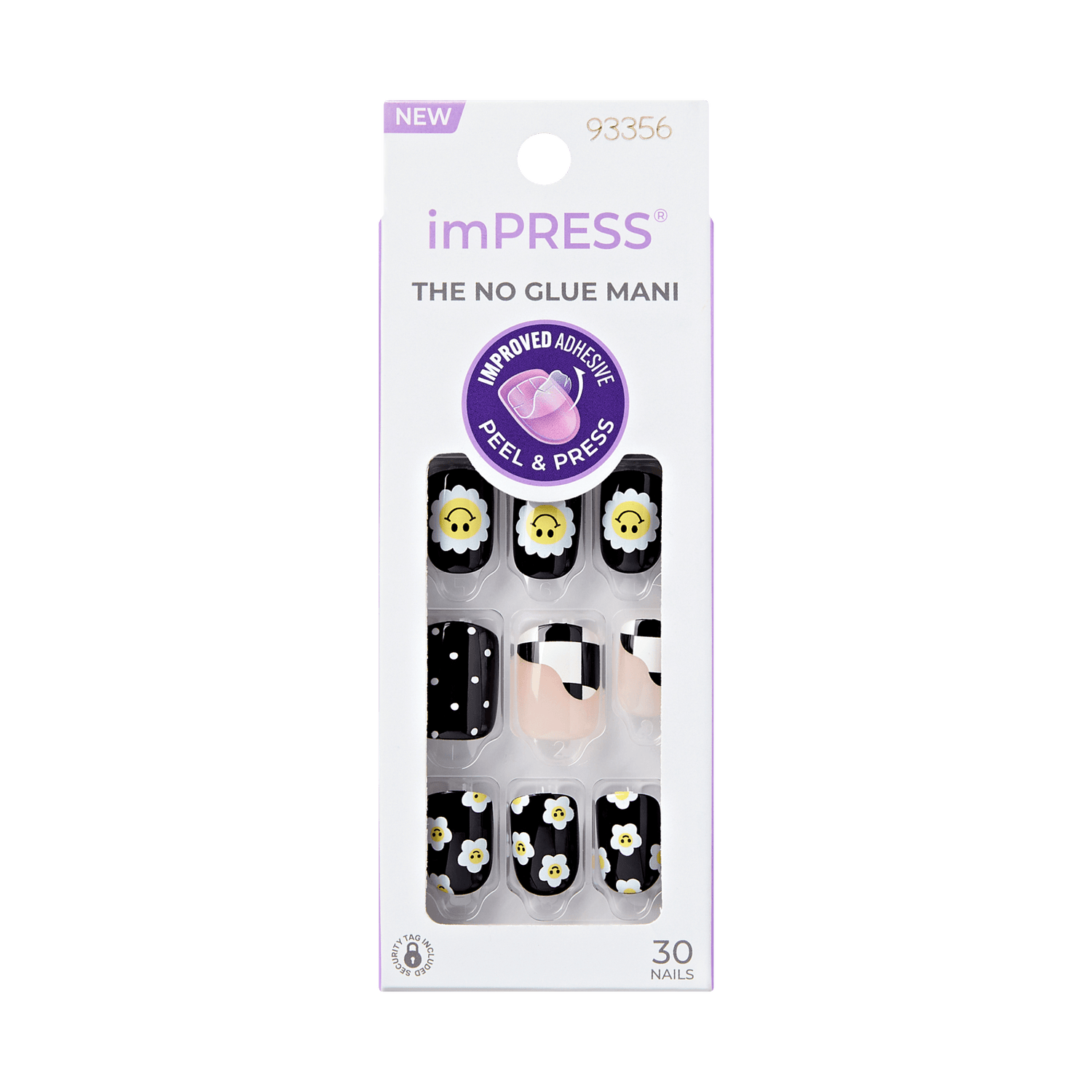 imPRESS No Glue Mani press-on nails with daisy and polka dot designs, 30 nails