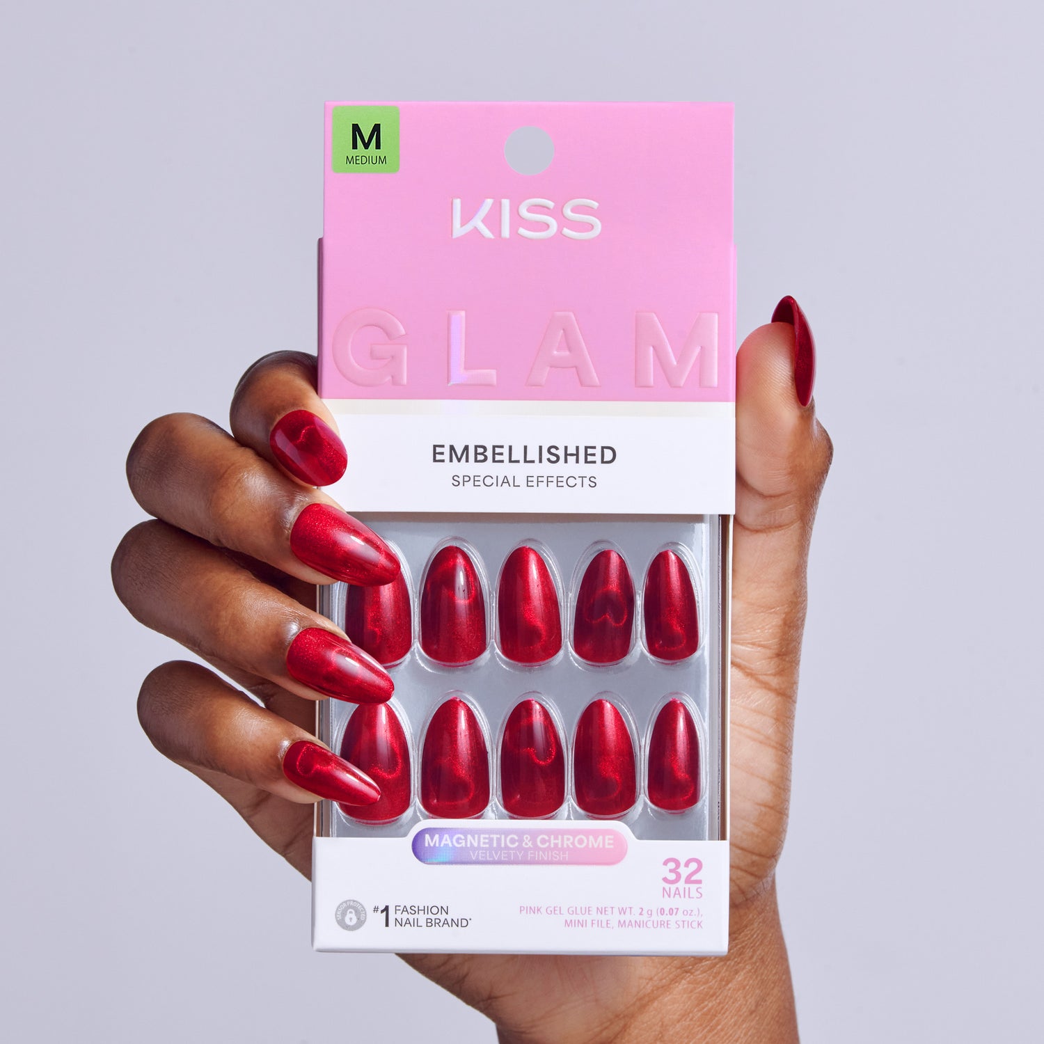 Kiss Glam Embellished Press On Fake Glue Nails - Famous | 3D &amp; Jewel Design, Red, Medium, Almond