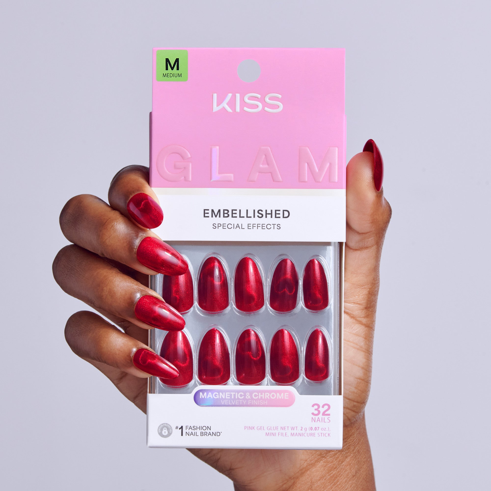 Kiss Glam Embellished Press On Fake Glue Nails - Famous | 3D &amp; Jewel Design, Red, Medium, Almond