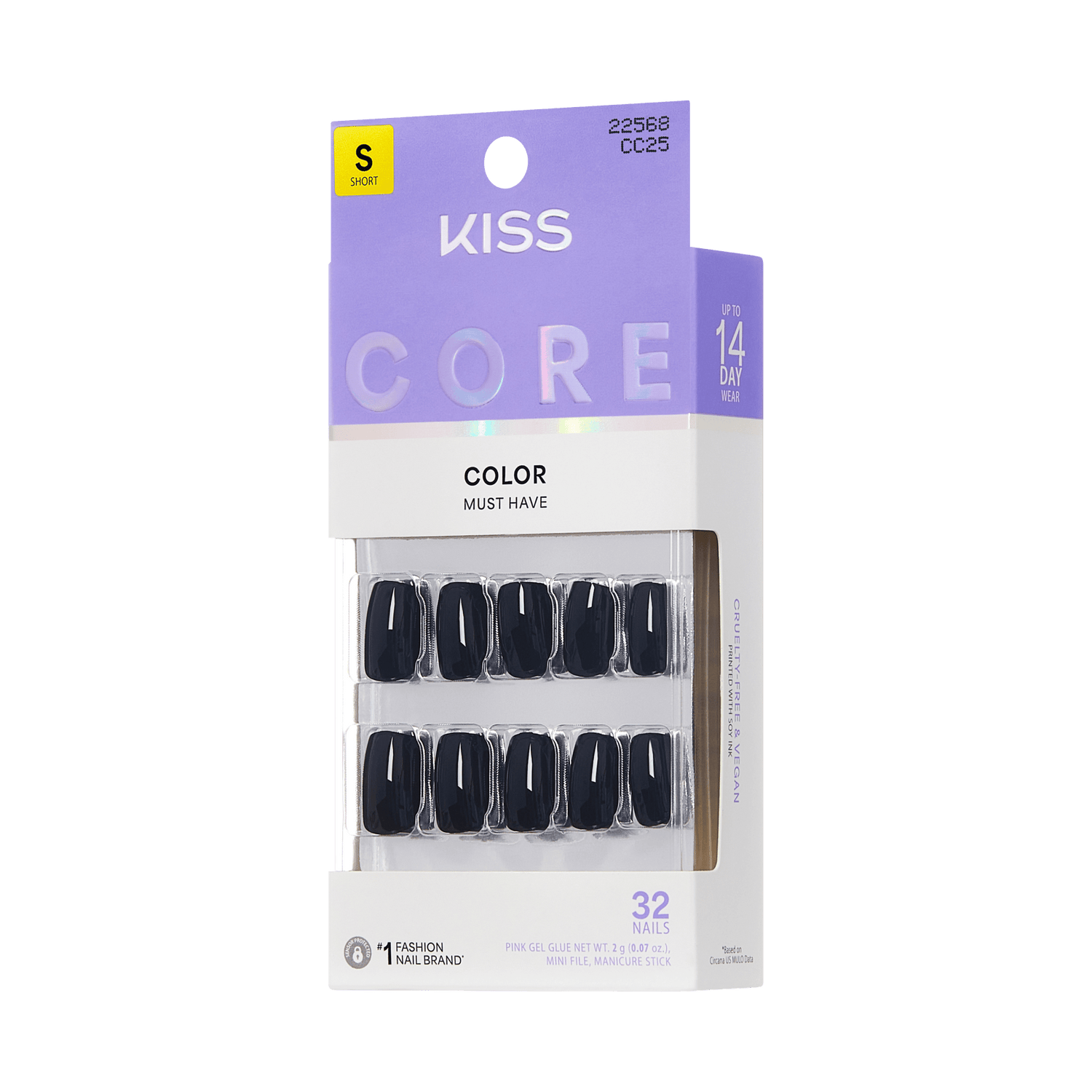 KISS Core Short Nails in black with white accent lines, 32-piece set, up to 14-day wear.