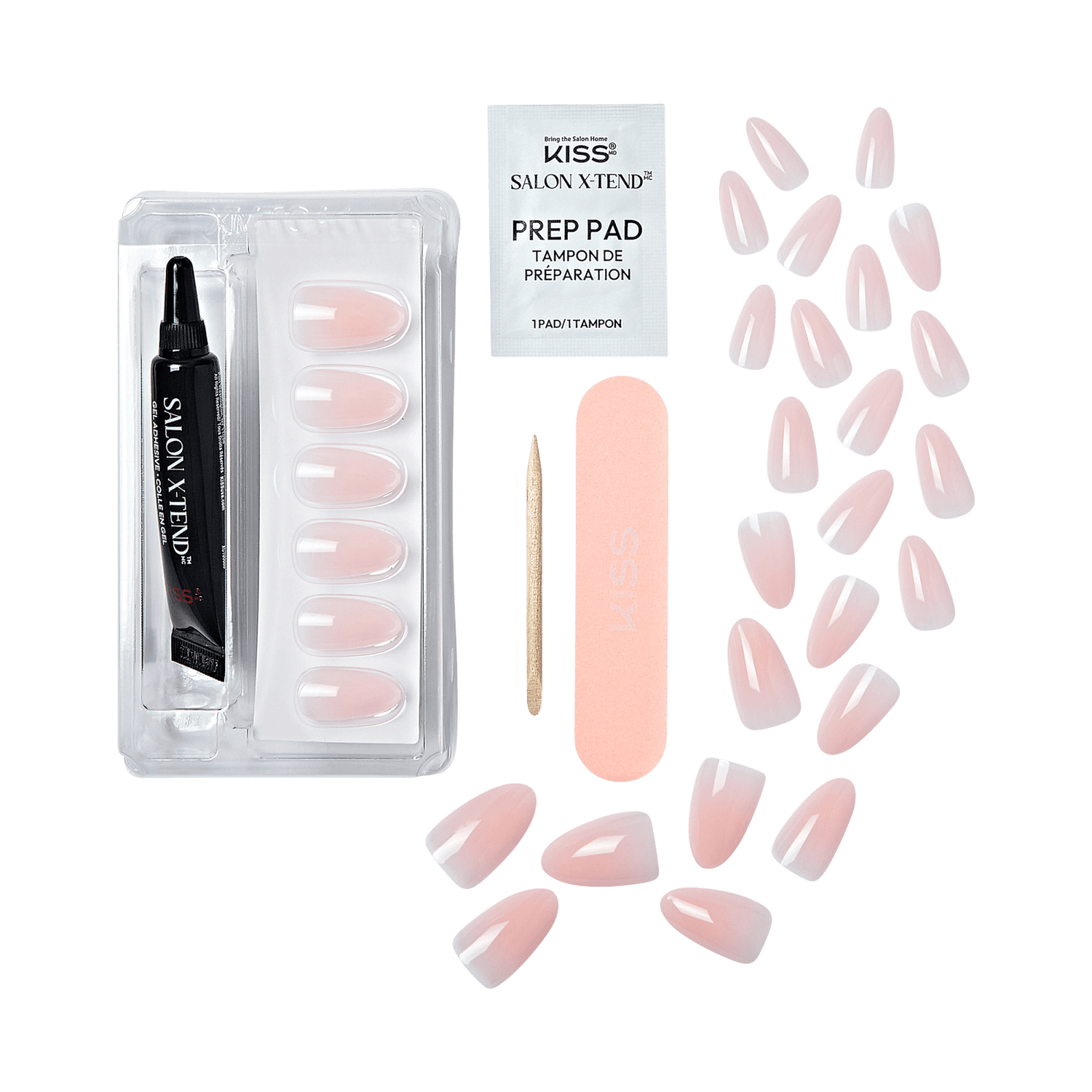 The image displays a set of nail care and manicure products. The items include:

1. A clear plastic tray containing a tube labeled "Salon X-Tend" and a set of six artificial nails.
2. A small packet labeled "Prep Pad."
3. A wooden cuticle stick.
4. A pink nail file with the brand name "KISS" printed on it.
5. An assortment of artificial nails, some arranged in a neat row and others scattered around. The nails are pink with white tips, resembling a French manicure style.
