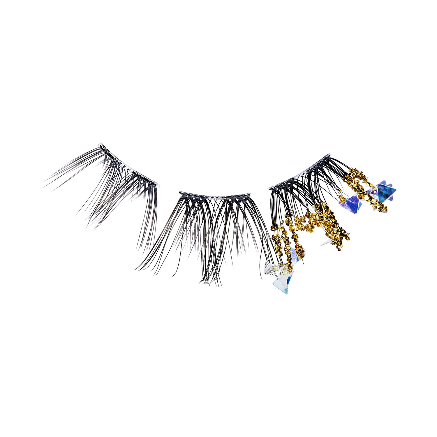 The image features a set of false eyelashes that are intricately designed. The lashes are predominantly black, with varying lengths that create a dramatic effect. Some of the lashes are adorned with decorative elements, including golden beads and colorful crystals, adding a touch of sparkle and glamour. The overall look is bold and eye-catching, perfect for enhancing makeup for special occasions or performances.