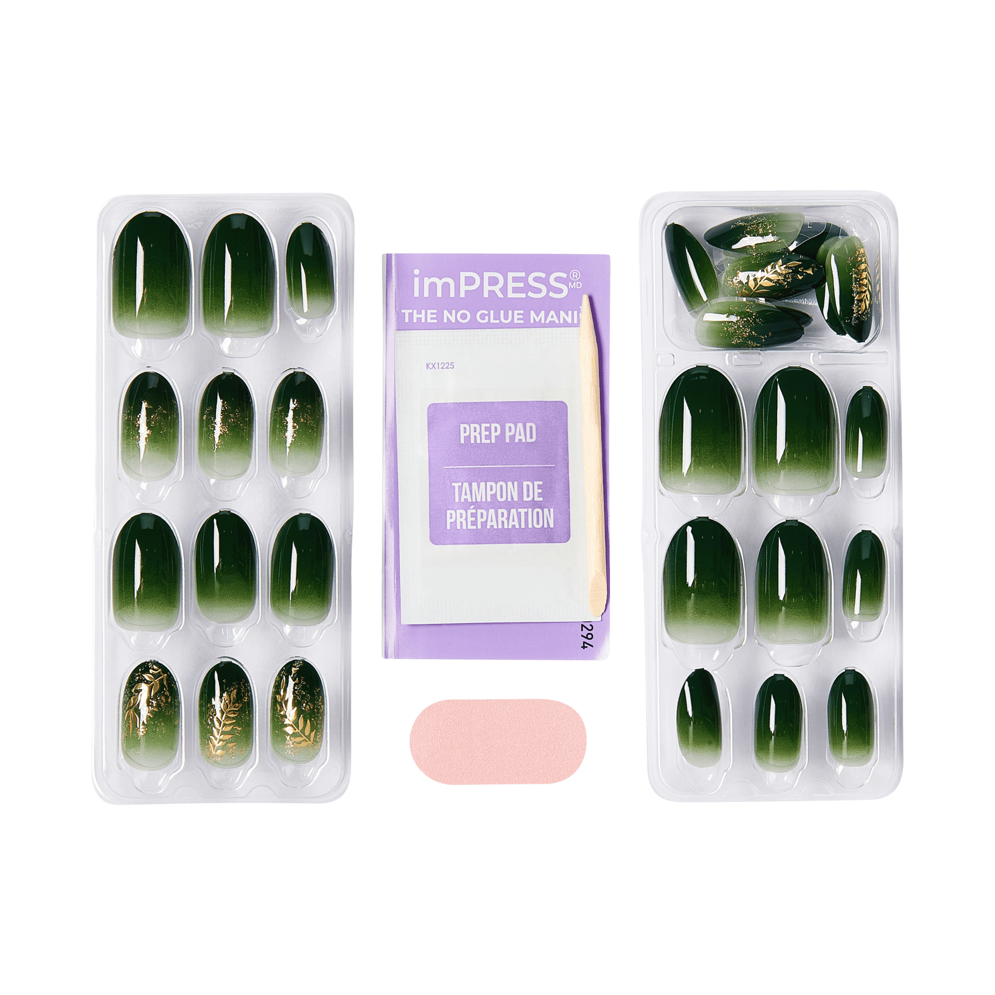 Sets of green ombre press-on nails with gold leaf accents, two trays of various sizes, a purple prep pad packet labeled \