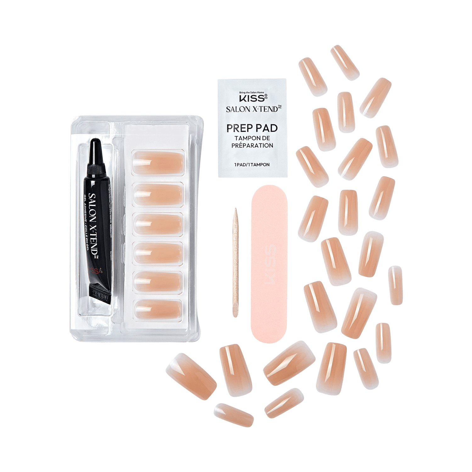 The image displays a set of nail care and manicure items. The items include:

1. A black tube labeled "Salon X-Tend."
2. A clear plastic tray containing several artificial nails.
3. A small wooden stick, likely for cuticle care.
4. A pink nail file.
5. A white packet labeled "Prep Pad."
6. Several additional artificial nails scattered around the main items.

The artificial nails are a nude or light beige color, and the set appears to be designed for at-home nail application and care.