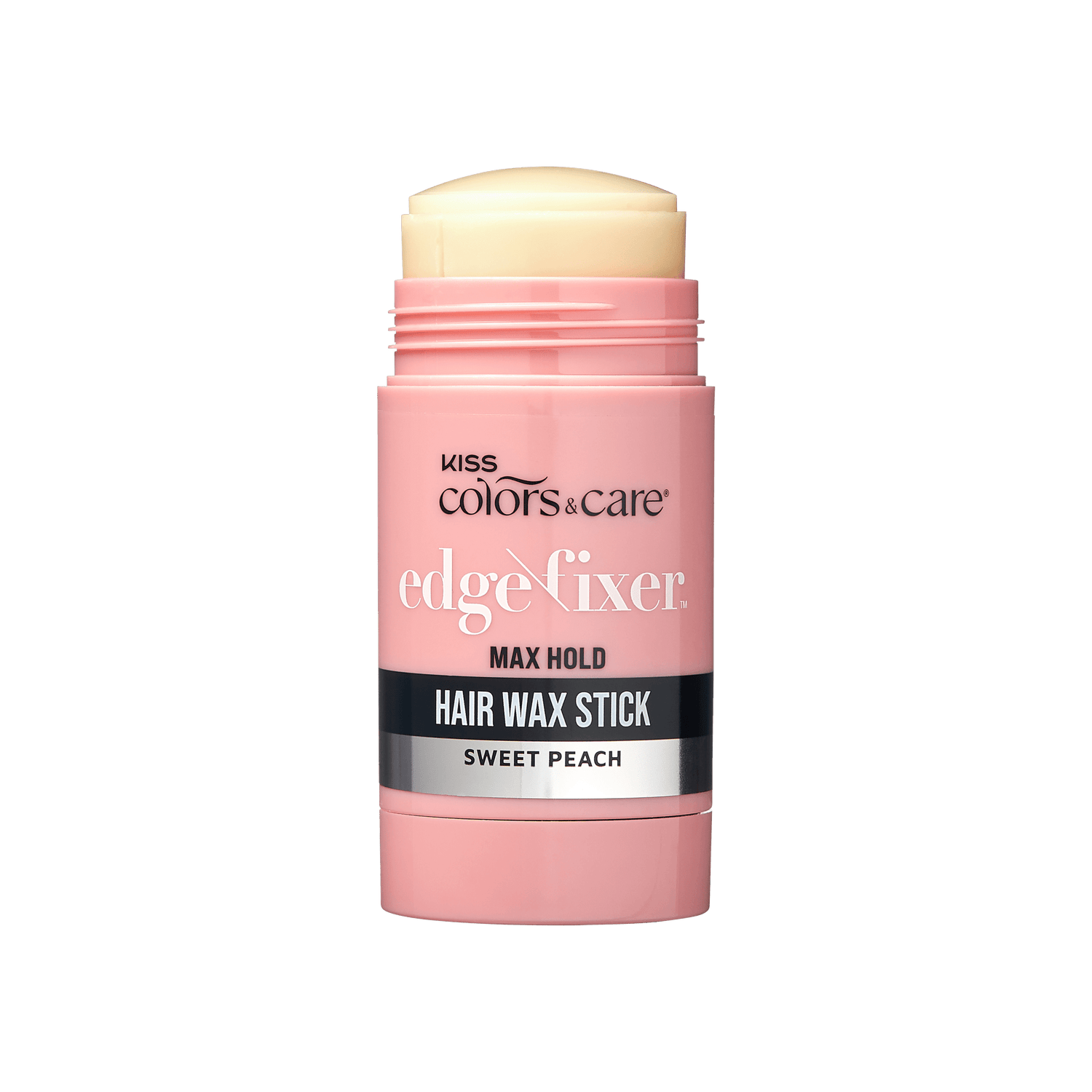 Pink twist-up stick of Kiss Colors &amp; Care Edge Fixer hair wax, Max Hold, Sweet Peach scent, with product name and key features on label.
