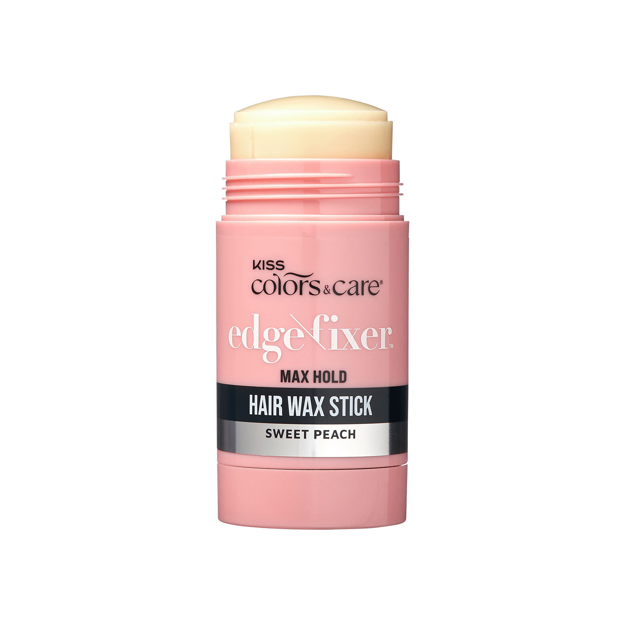 Pink twist-up stick of Kiss Colors &amp; Care Edge Fixer hair wax, Max Hold, Sweet Peach scent, with product name and key features on label.