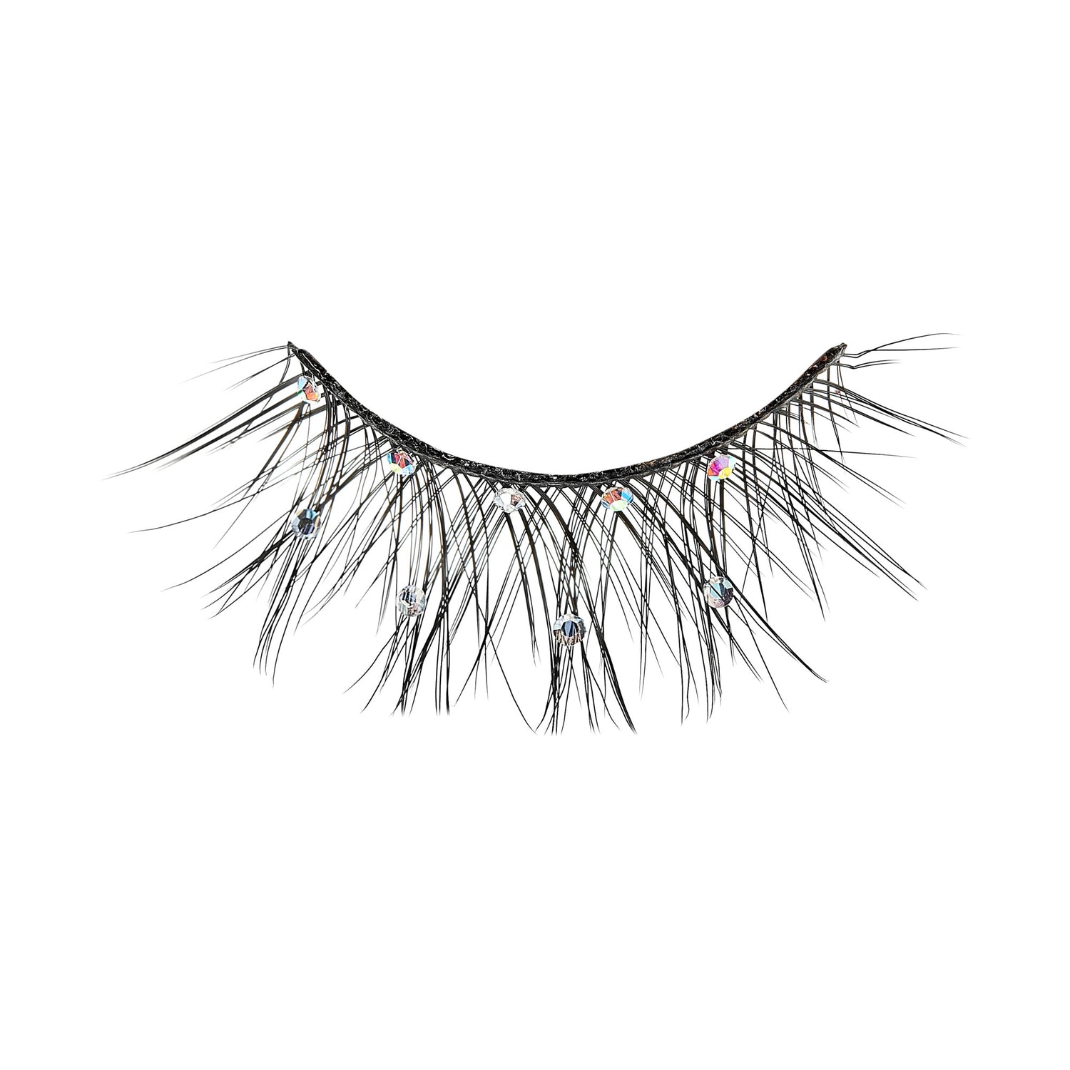 The image shows a single false eyelash designed for cosmetic use. The eyelash is black and features a dramatic, wispy style with long, thin strands. It is adorned with small, colorful rhinestones along the base, adding a touch of sparkle and glamour. The overall design is intended to enhance the appearance of the eyes, making them look more striking and noticeable.