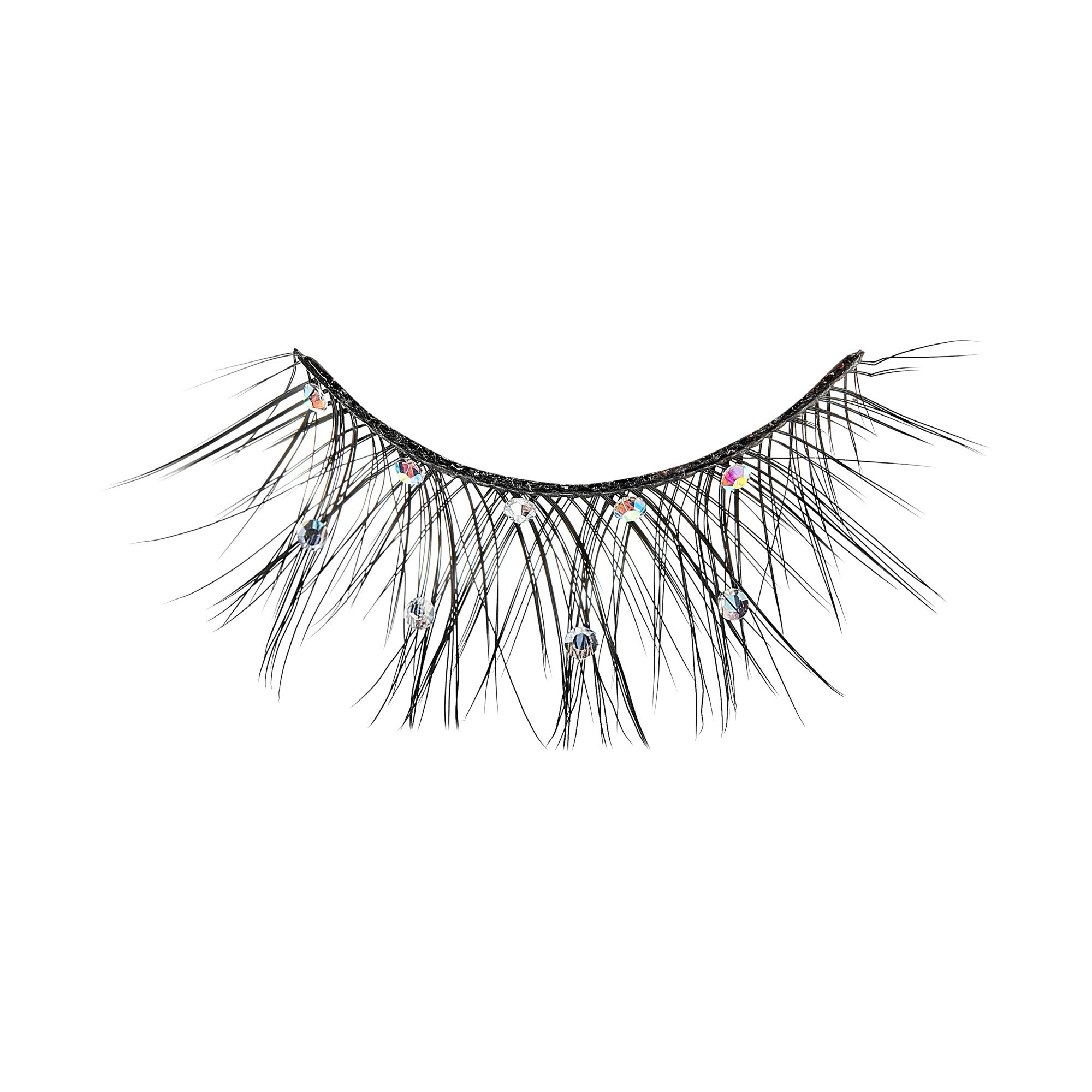 The image shows a single false eyelash designed for cosmetic use. The eyelash is black and features a dramatic, wispy style with long, thin strands. It is adorned with small, colorful rhinestones along the base, adding a touch of sparkle and glamour. The overall design is intended to enhance the appearance of the eyes, making them look more striking and noticeable.