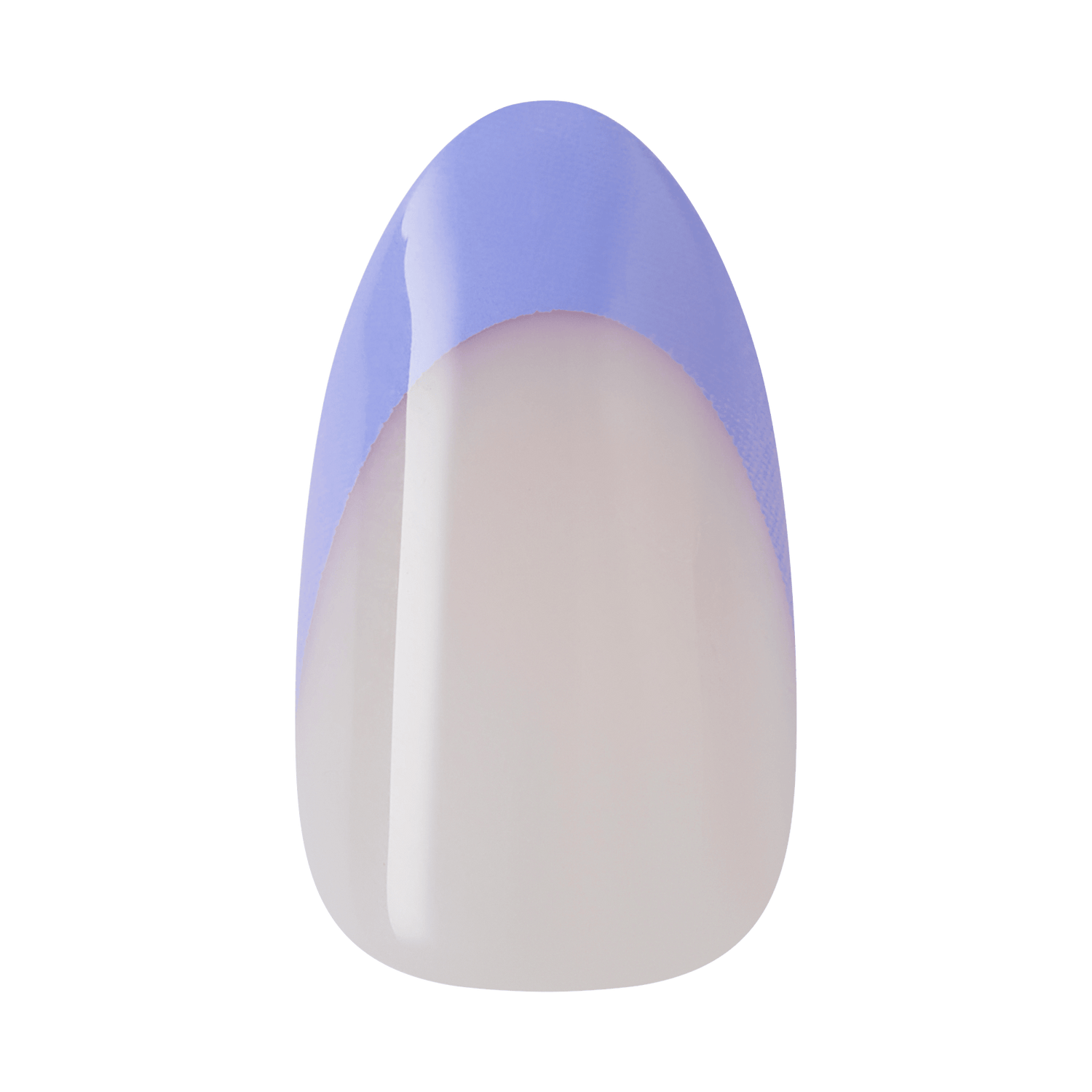 The image features a nail design showcasing a French tip style. The base of the nail is a clear or light shade, while the tip is painted in a soft lavender color. The design has a smooth, curved line where the lavender meets the clear base, creating a clean and elegant look. The overall appearance is modern and stylish, perfect for a chic manicure.