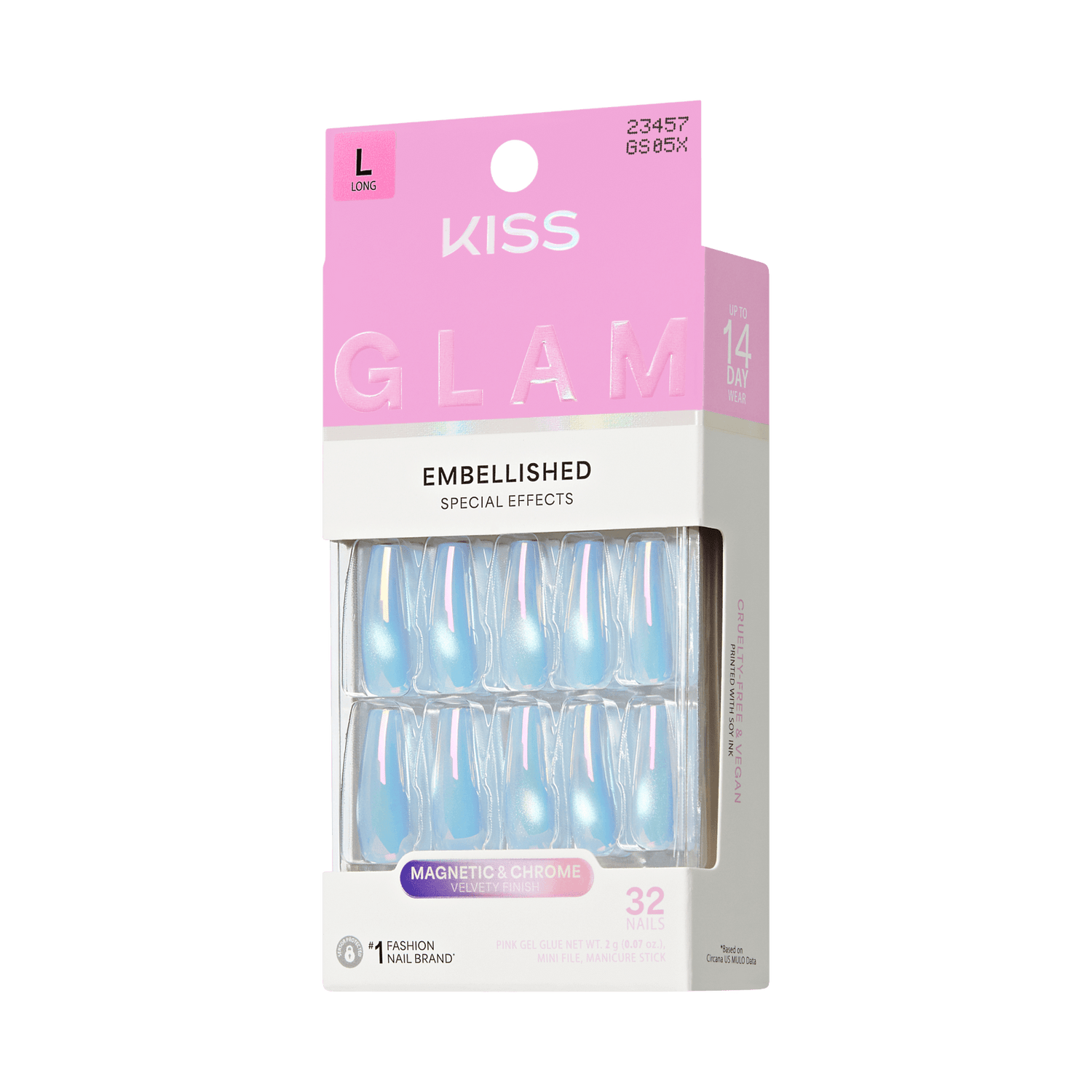 KISS Glam Embellished Nails, Long, Magnetic &amp; Chrome, 32 Count