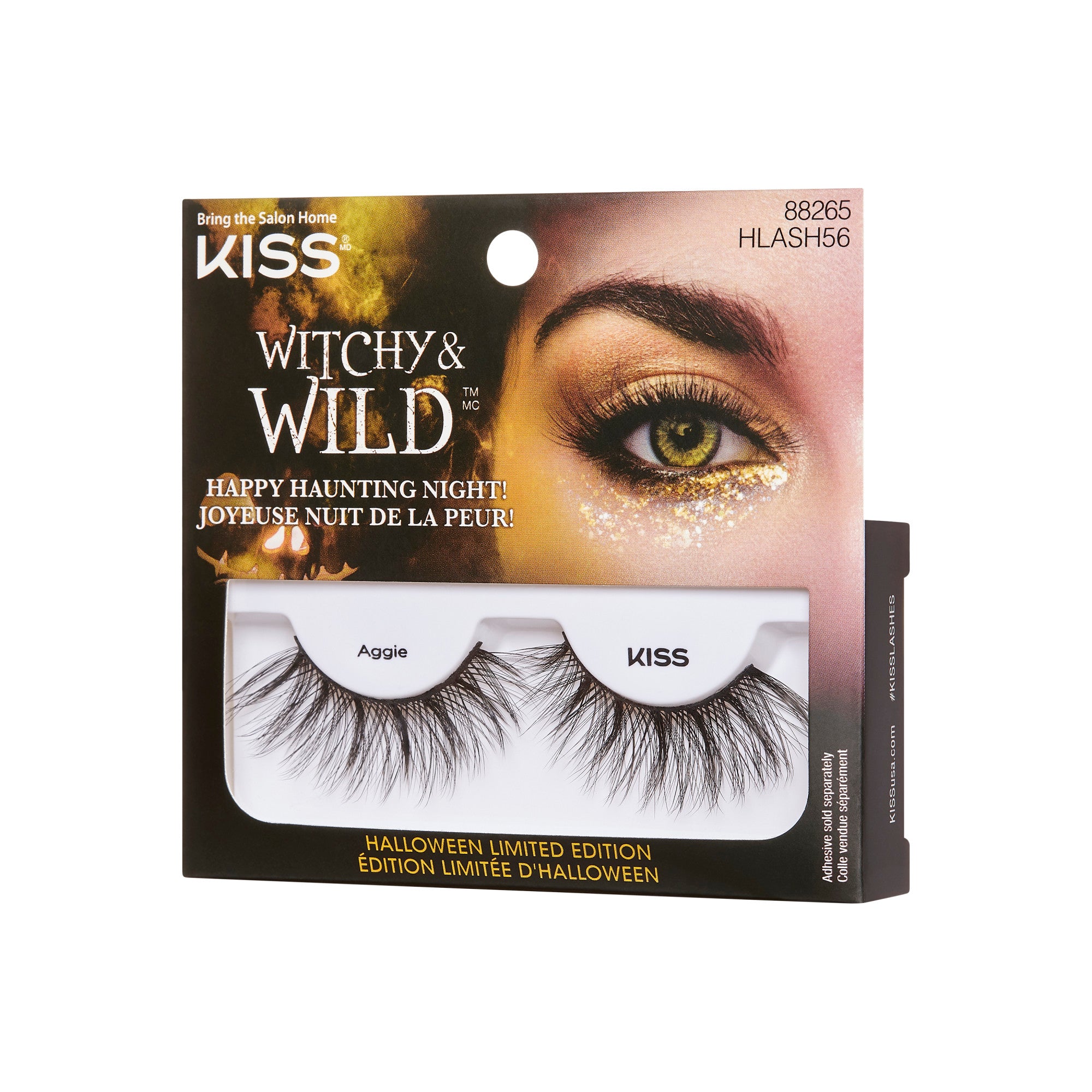 KISS Witchy &amp; Wild Halloween false lashes in Aggie style with glittery eyeshadow packaging.