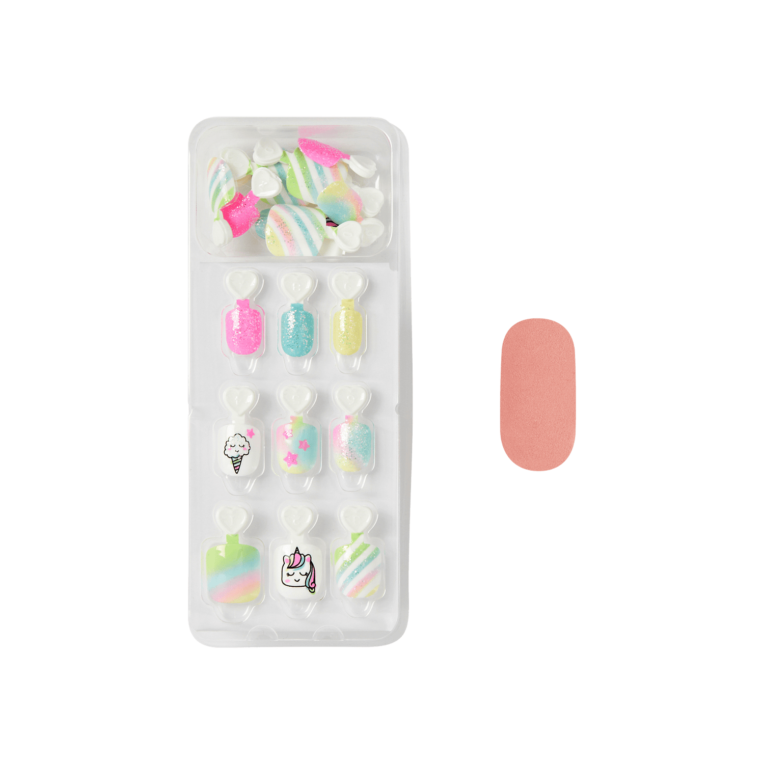 Colorful press-on nail set with glitter, stripes, and whimsical designs in clear packaging.