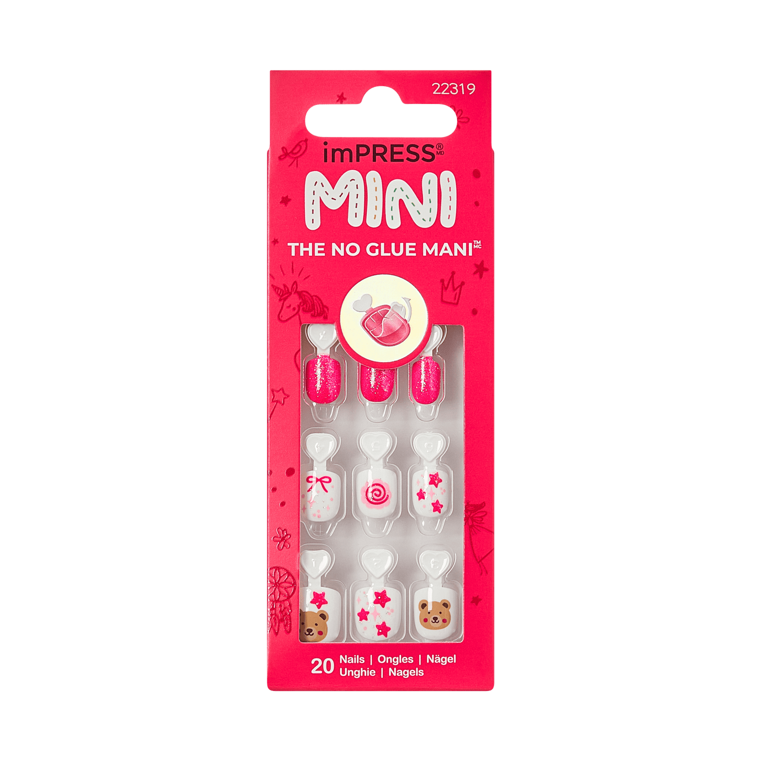 imPRESS MINI The No Glue Mani press-on nails, 20 count, pink glitter and white designs