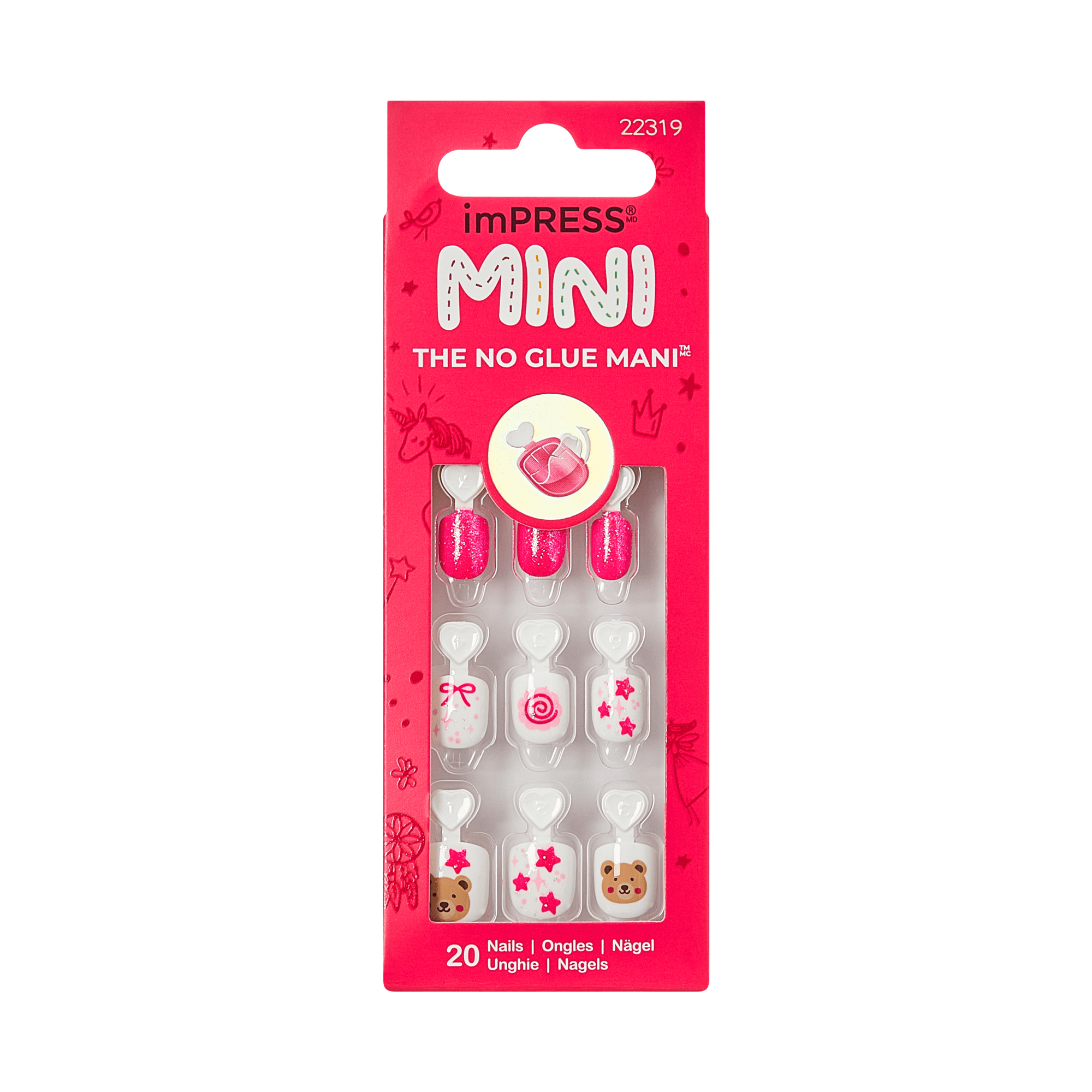 imPRESS MINI The No Glue Mani press-on nails, 20 count, pink glitter and white designs