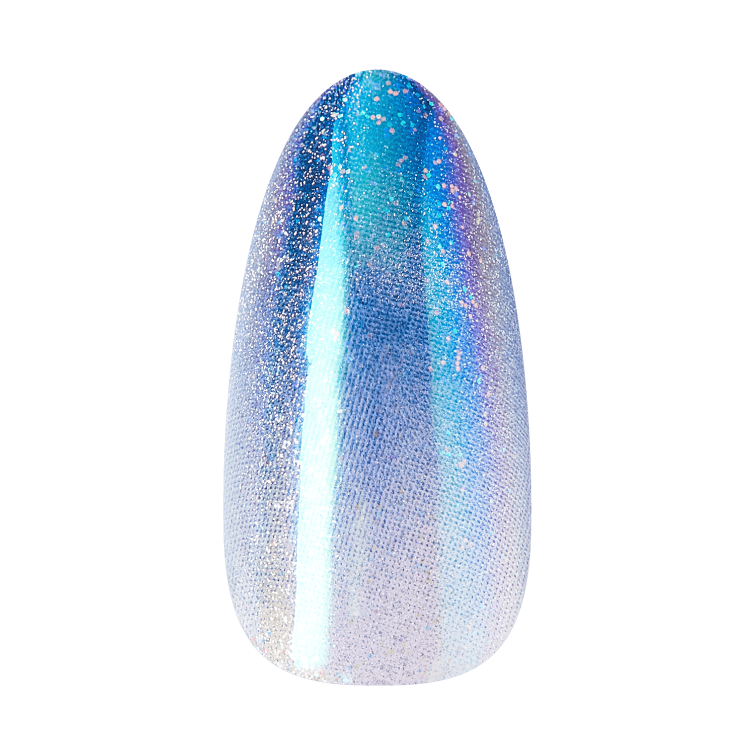 Almond-shaped nail with iridescent blue-to-white gradient glitter finish.
