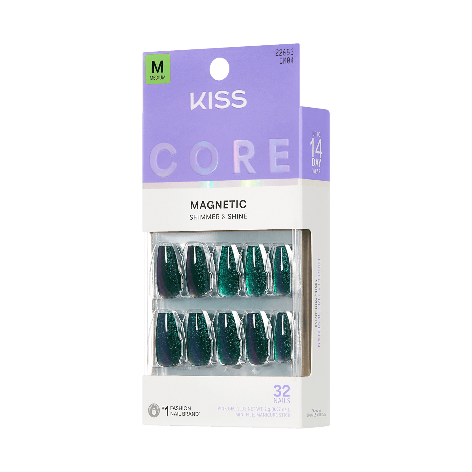 KISS Core Magnetic press-on nails in emerald green shimmer, 32 nails, medium size.