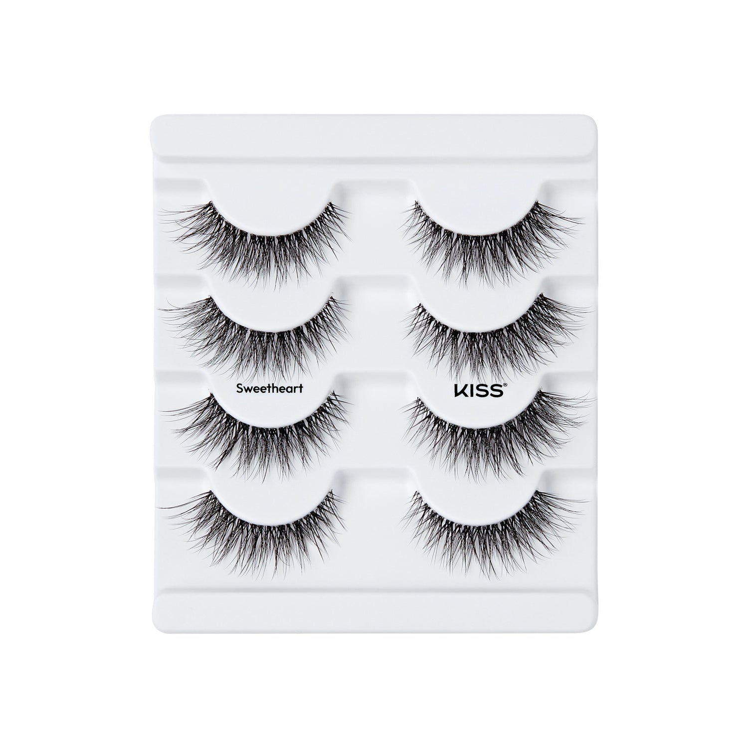 The image shows a white plastic tray containing three pairs of false eyelashes. The eyelashes are arranged in a vertical column, with each pair positioned horizontally. The top and bottom pairs are labeled "Sweetheart," while the middle pair is labeled "KISS." The eyelashes are thick, voluminous, and have a natural, wispy appearance. The tray is designed to hold the eyelashes securely in place.