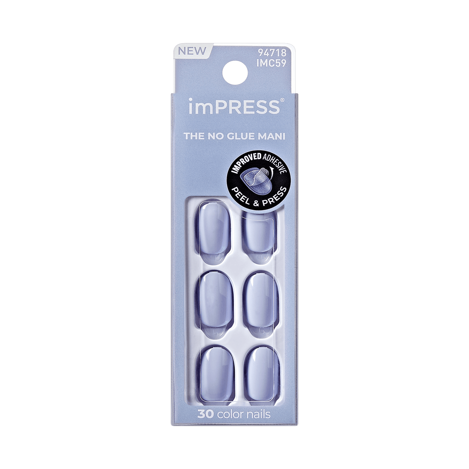 The image features a packaging for imPRESS press-on nails. The design is sleek and modern, showcasing a set of light purple nails. The packaging is predominantly light blue with a clear front that displays the nails inside. It includes the text "NEW" and "THE NO GLUE MANI," emphasizing the product&