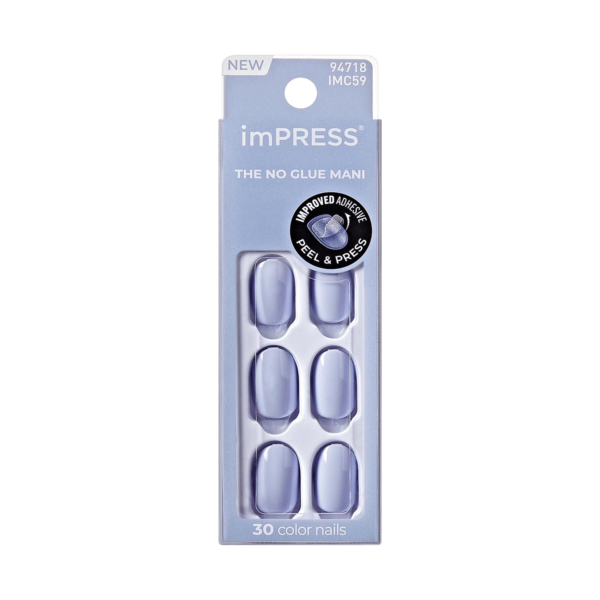 The image features a packaging for imPRESS press-on nails. The design is sleek and modern, showcasing a set of light purple nails. The packaging is predominantly light blue with a clear front that displays the nails inside. It includes the text "NEW" and "THE NO GLUE MANI," emphasizing the product&