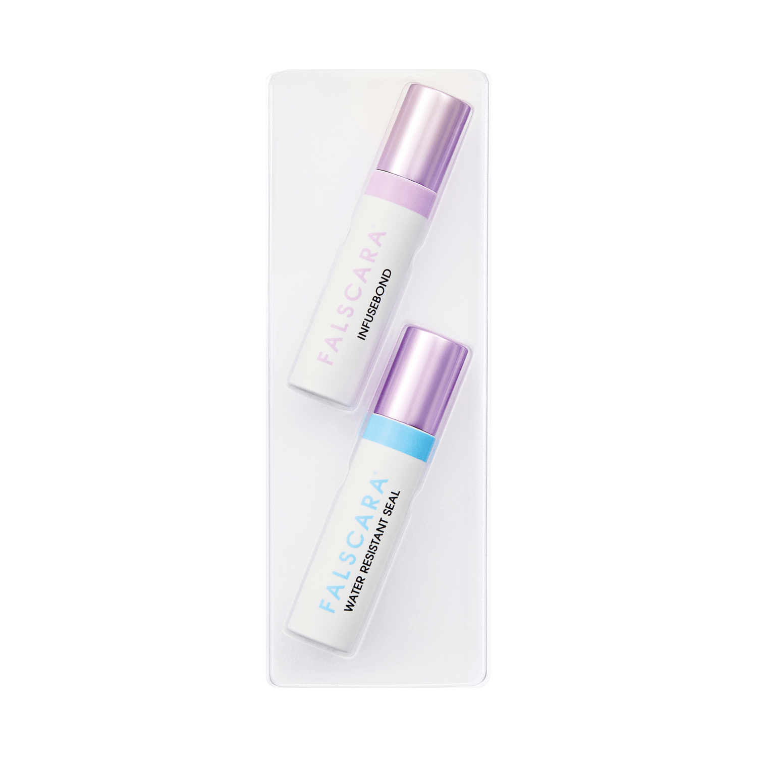 The image features two small cosmetic bottles placed on a clear tray. The bottles are labeled "FALSCARE" and have distinct color caps: one is purple and the other is blue. The purple-capped bottle is labeled "HYPERBOND," while the blue-capped bottle is labeled "WATER SUSTAIN MEAL." The overall presentation is clean and modern, emphasizing the products&