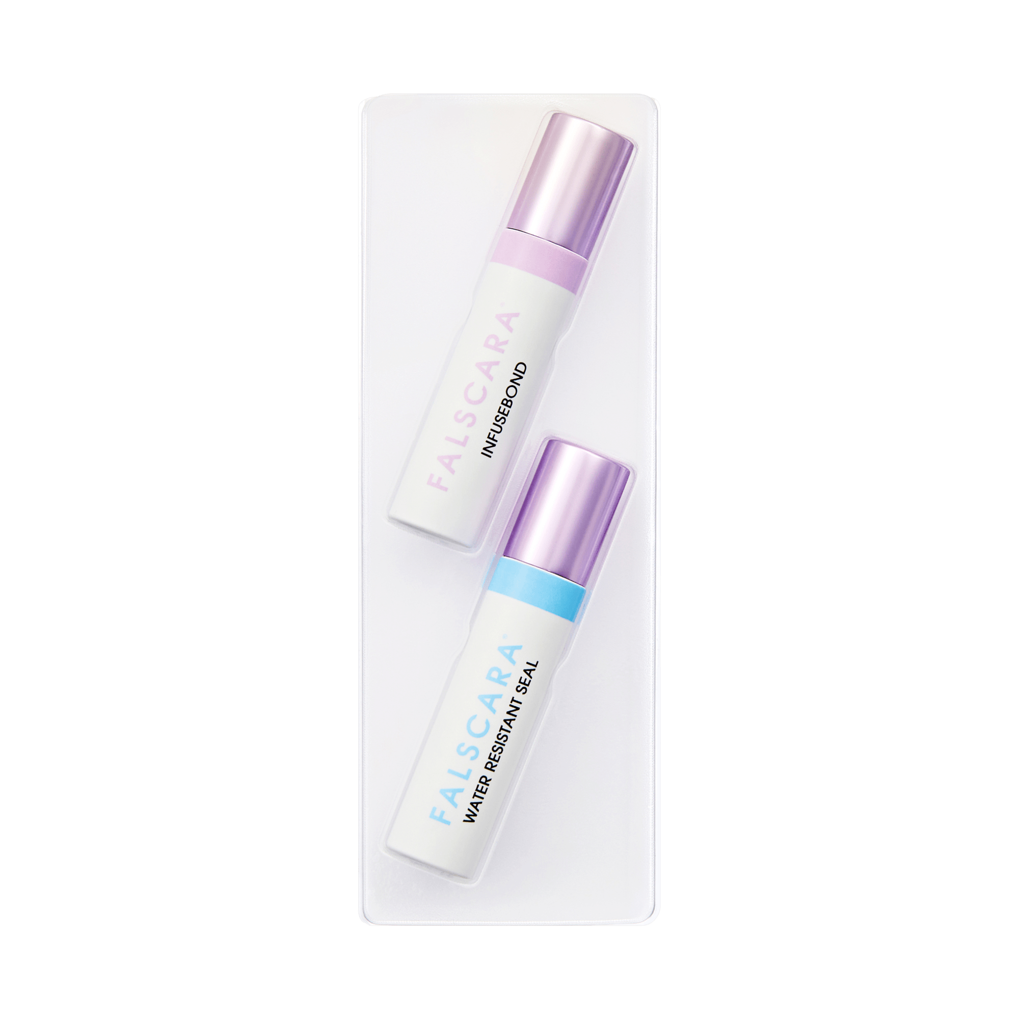 The image features two small cosmetic bottles placed on a clear tray. The bottles are labeled "FALSCARE" and have distinct color caps: one is purple and the other is blue. The purple-capped bottle is labeled "HYPERBOND," while the blue-capped bottle is labeled "WATER SUSTAIN MEAL." The overall presentation is clean and modern, emphasizing the products&
