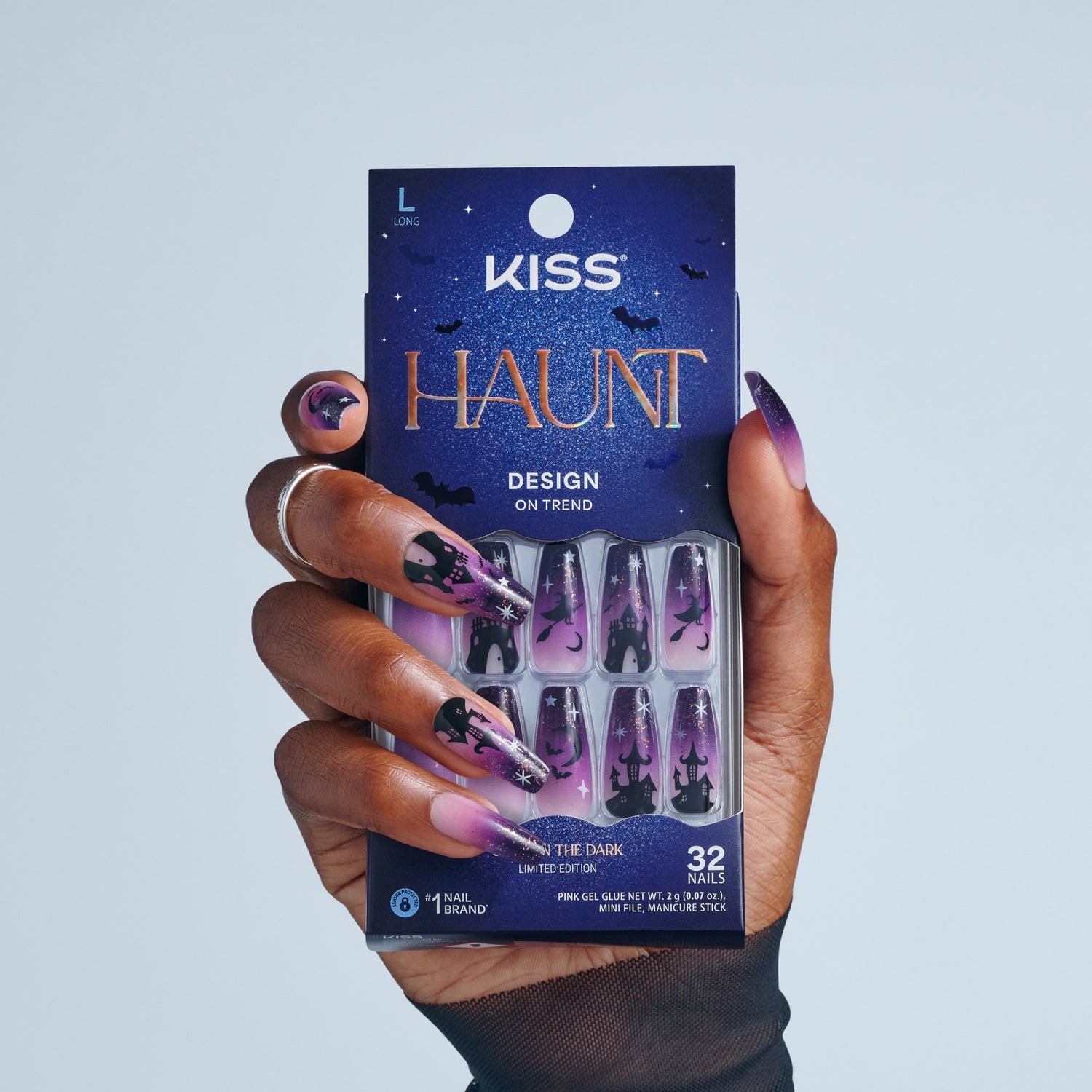 Kiss Haunt Halloween Press On Fake Glue Nails - After Dark | Design, Purple, Long, Coffin, Glow In The Dark