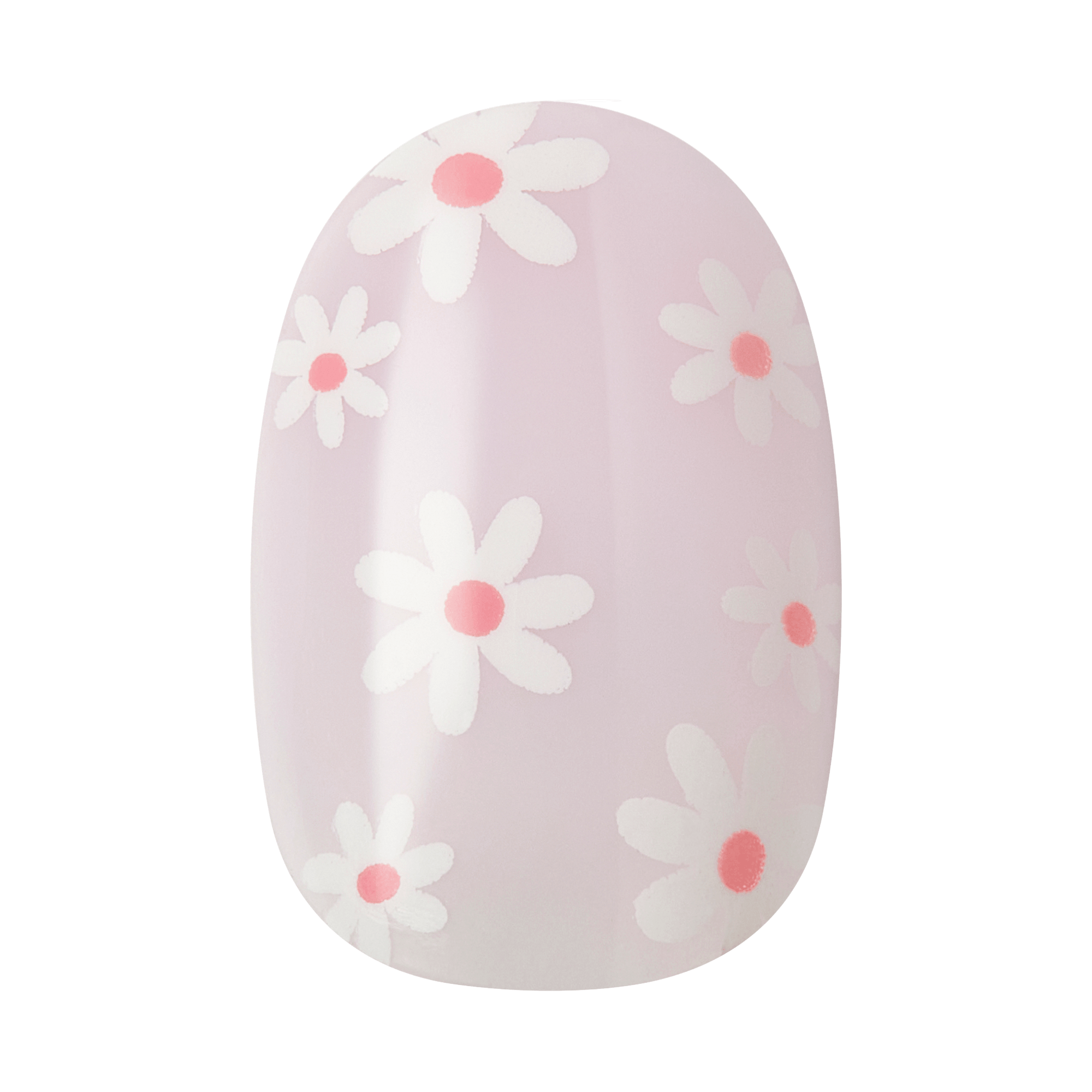 Pink nail design with white daisies and coral centers on oval nail shape