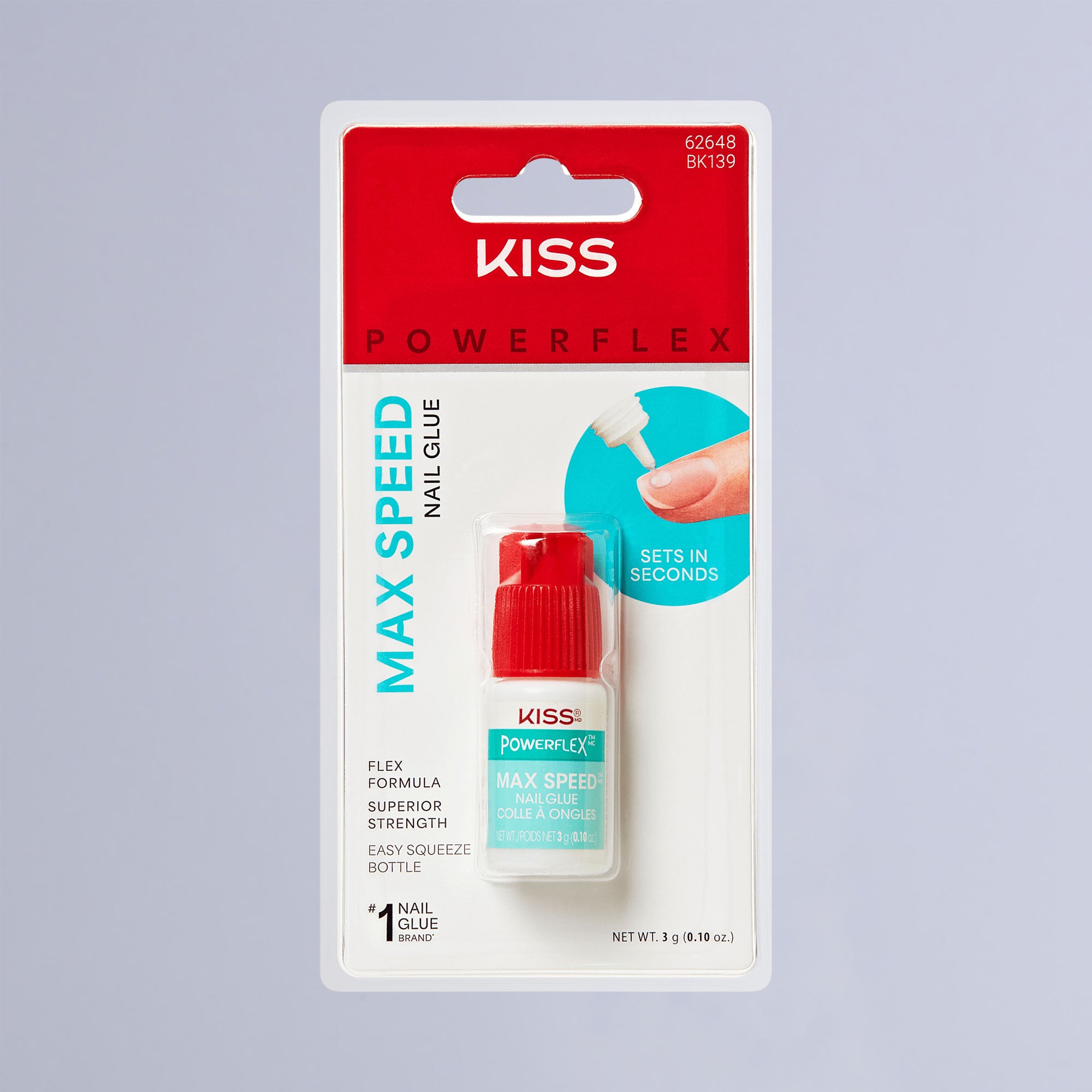 KISS PowerFlex Max Speed Nail Glue in a 0.10 oz white bottle with red cap, packaged on a card with red, white, and turquoise accents, highlighting \