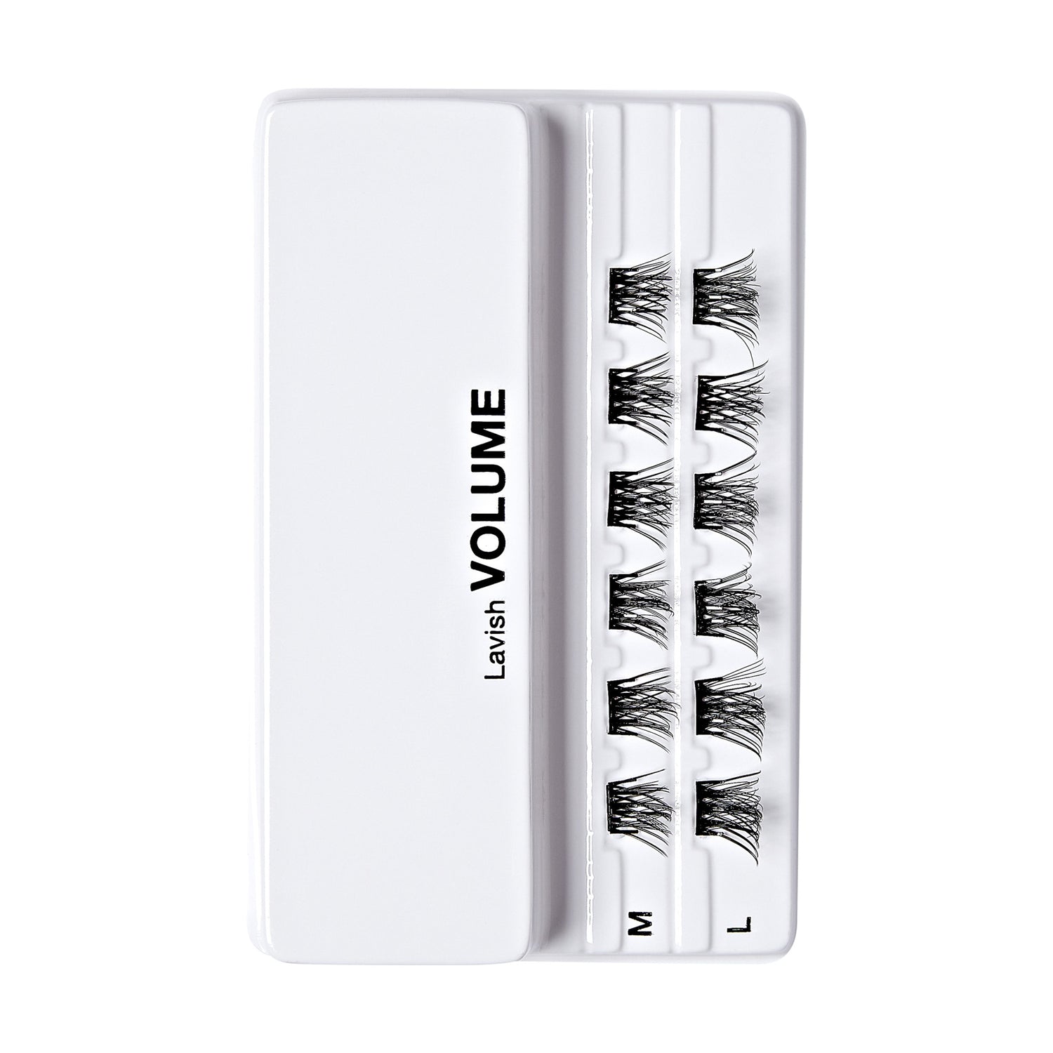 The image shows a white plastic case containing false eyelashes. The case is labeled "Lavish VOLUME" on the left side. Inside the case, there are three rows of false eyelashes, each row labeled with a different size: "S" for small, "M" for medium, and "L" for large. The eyelashes are neatly arranged in their respective compartments.