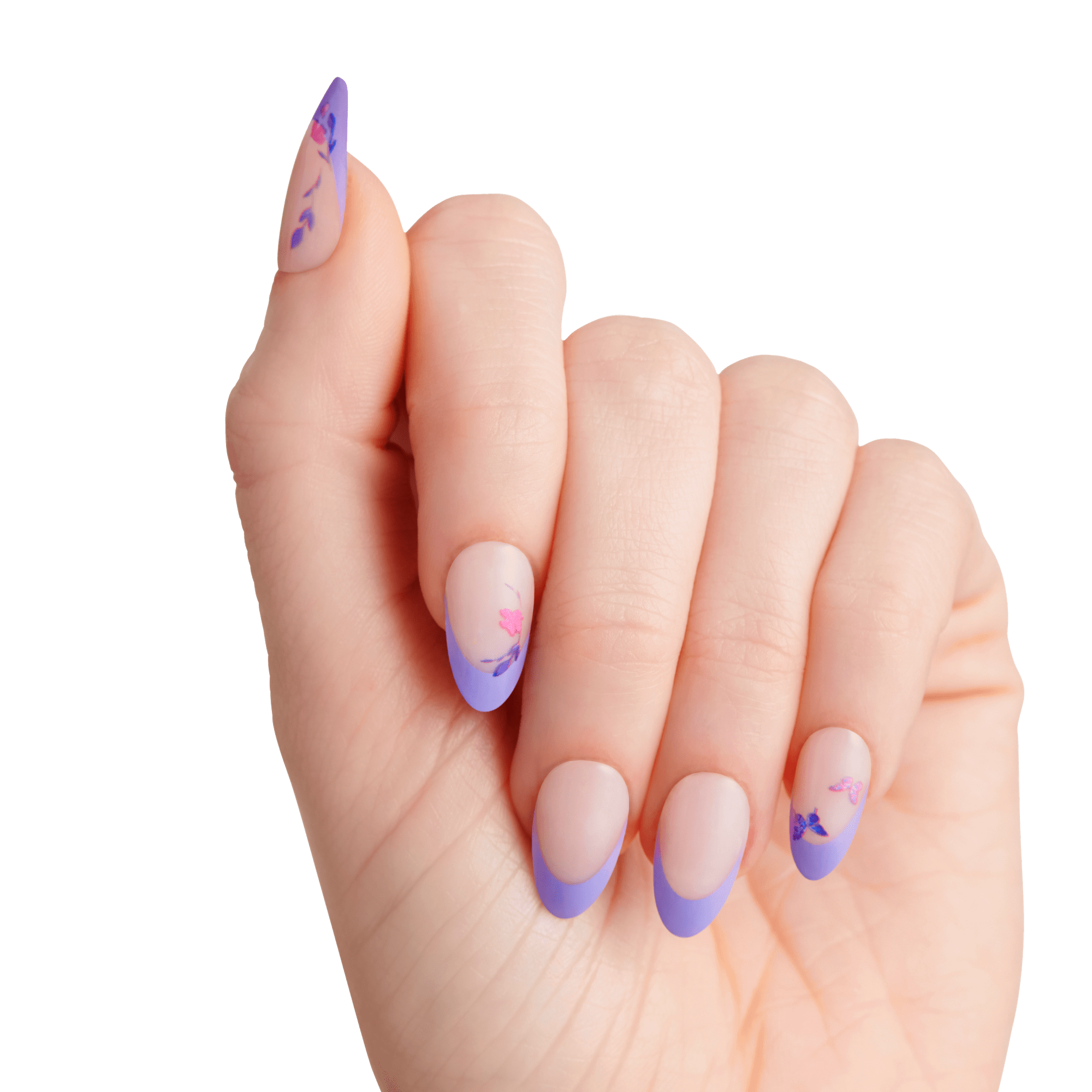 The image features a hand displaying a stylish manicure. The nails are shaped in a modern, elongated style with a soft, nude base color. The tips of the nails are painted in a vibrant lavender shade, creating a French tip effect. Delicate floral designs in shades of purple are intricately painted on some of the nails, adding a touch of elegance and creativity to the overall look. The hand is positioned gracefully, showcasing the nails against a clean, white background.