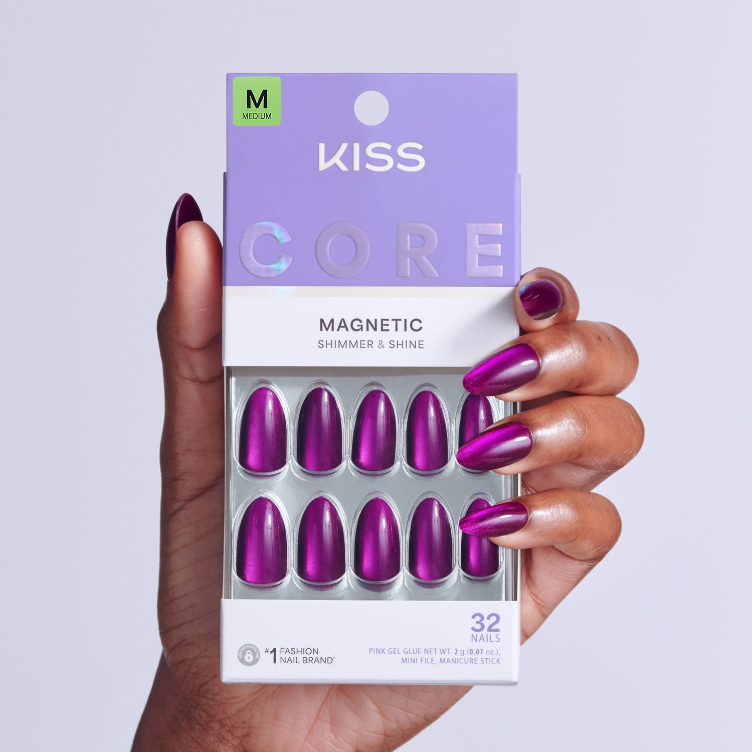 Kiss Core Magnetic Press On Fake Glue Nails - Glaring Sparks | Design, Purple, Medium, Almond