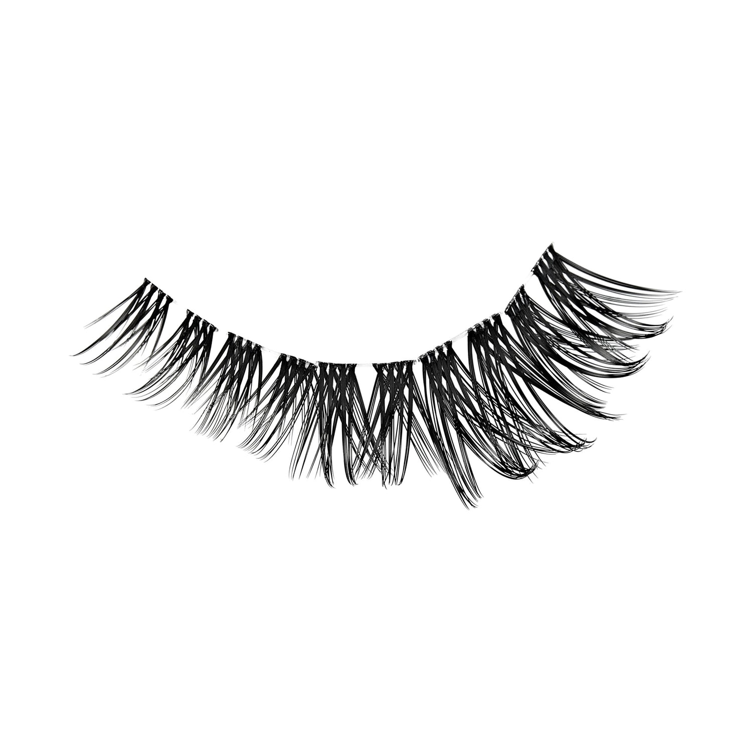 Pair of black false eyelashes with layered, voluminous lashes on white background.