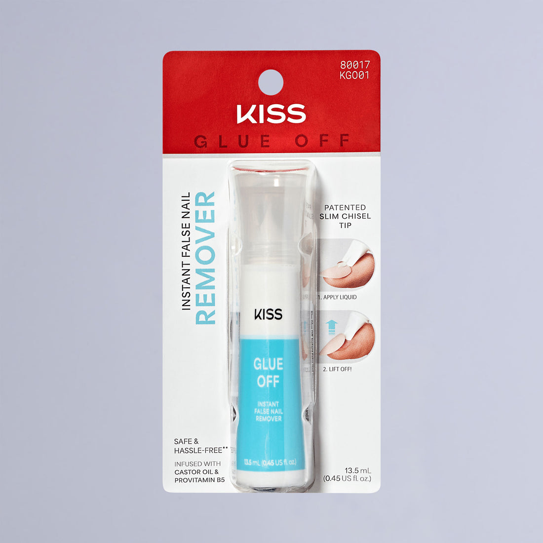 KISS Glue OFF Instant False Nail Remover in a white and blue bottle with patented slim chisel tip, shown in blister packaging with usage steps and claims of being safe, hassle-free, and infused with castor oil and provitamin B5.